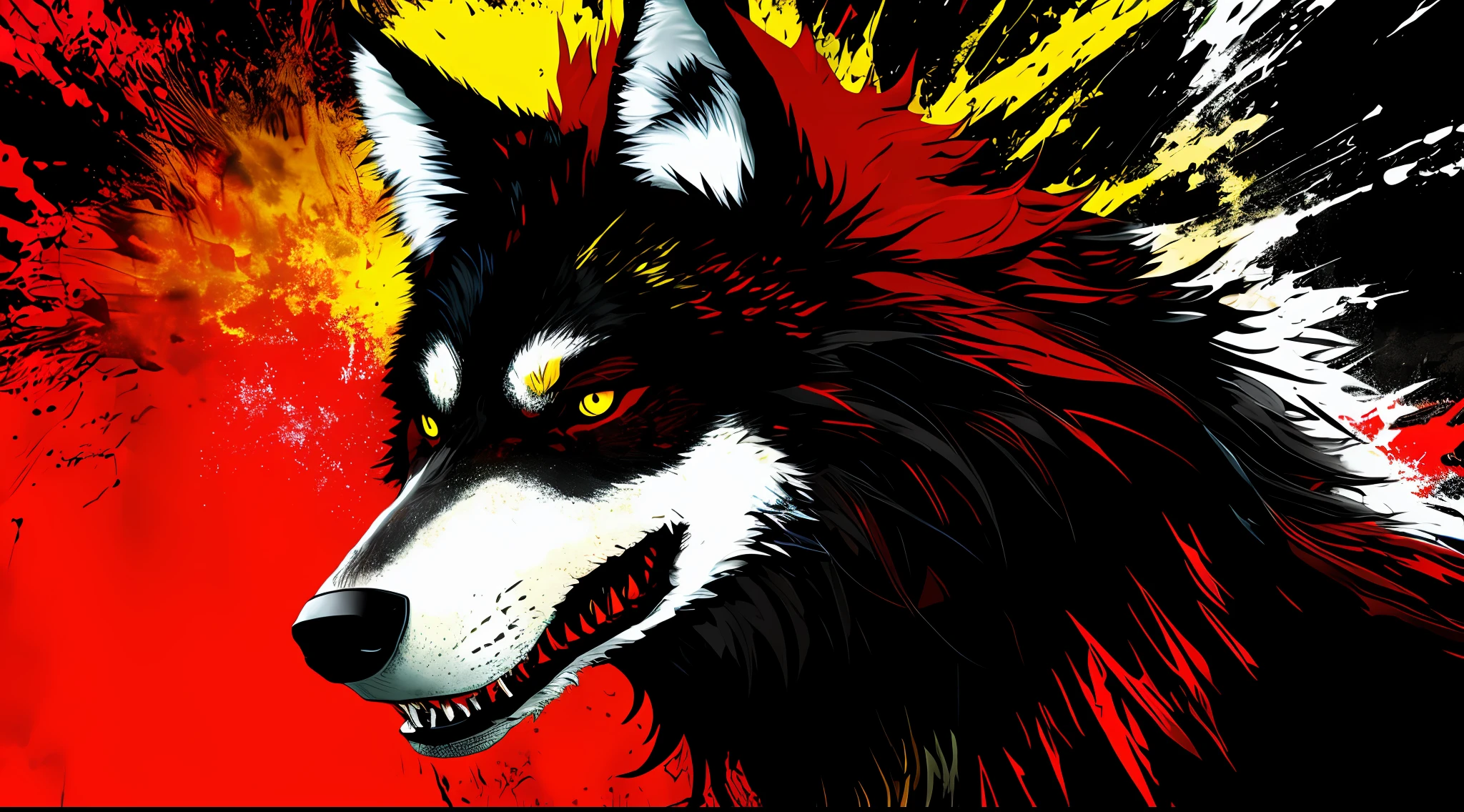red, yellow and black, a monstrous wolf, in the style of Mork Borg, strong contrast, grunge dirty punk splash art, zine black metal, forest color splash background