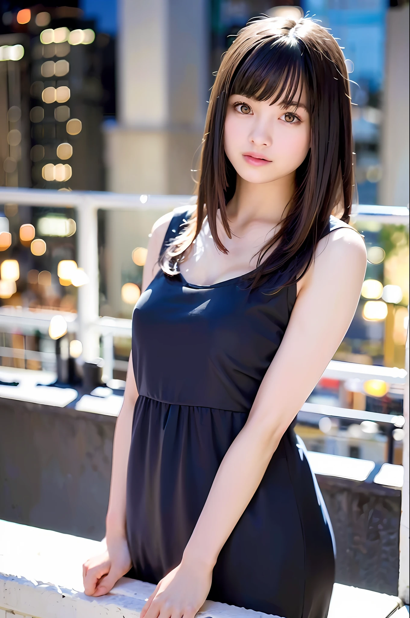 ((Top Quality, 8k, Masterpiece: 1.3)), Selfie, Sharp Focus: 1.2, Cute Beautiful Woman with Perfect Body: 1.4, Slim Big: 1.2, ((Dark Brown Hair, So Big: 1.2)), (Small transparent dress, half-naked, very detailed breasts, happy expression, standing: 1.2), (Making (Night view of the rainy city, balcony simple: 1.3 mainly female) ), highly detailed face and skin texture, detailed eyes, double eyelids, black underwear, strapless