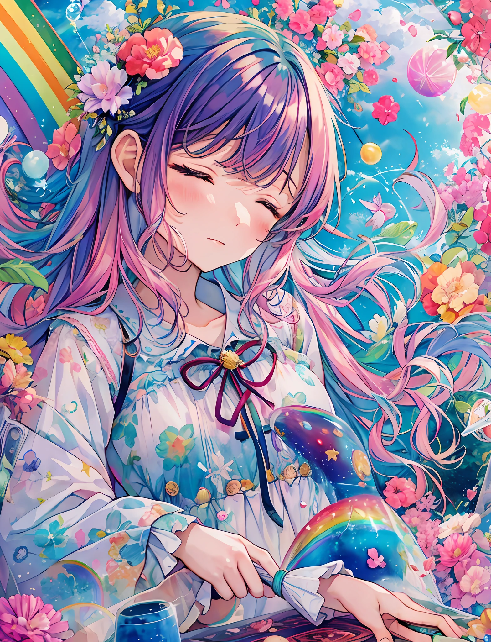 Yumekawa, dreamy cute, pale, moya, (masterpiece, highest quality, highest quality, watercolor (medium), upper body, kiss, lesbian, lolita fashion, pattern, break, (rainbow hair: 1.2), break, soap bubble, rainbow behind, cloud, colorful, soap bubble, spread throughout, cute, pastel, cute room, iridescent unicorn stuffed animal, sleeping in bed