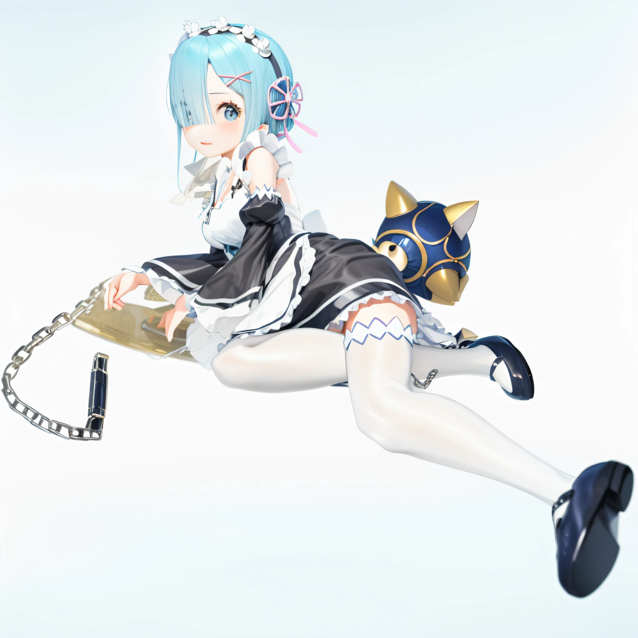anime girl with blue hair and white dress laying on a chain, render of a cute 3d anime girl, twintails white_gloves, rem rezero, loli, white cat girl, anime cat girl in a maid costume, cute anime catgirl, pixiv 3dcg, very beautiful anime cat girl, 3d anime girl, anime styled 3d