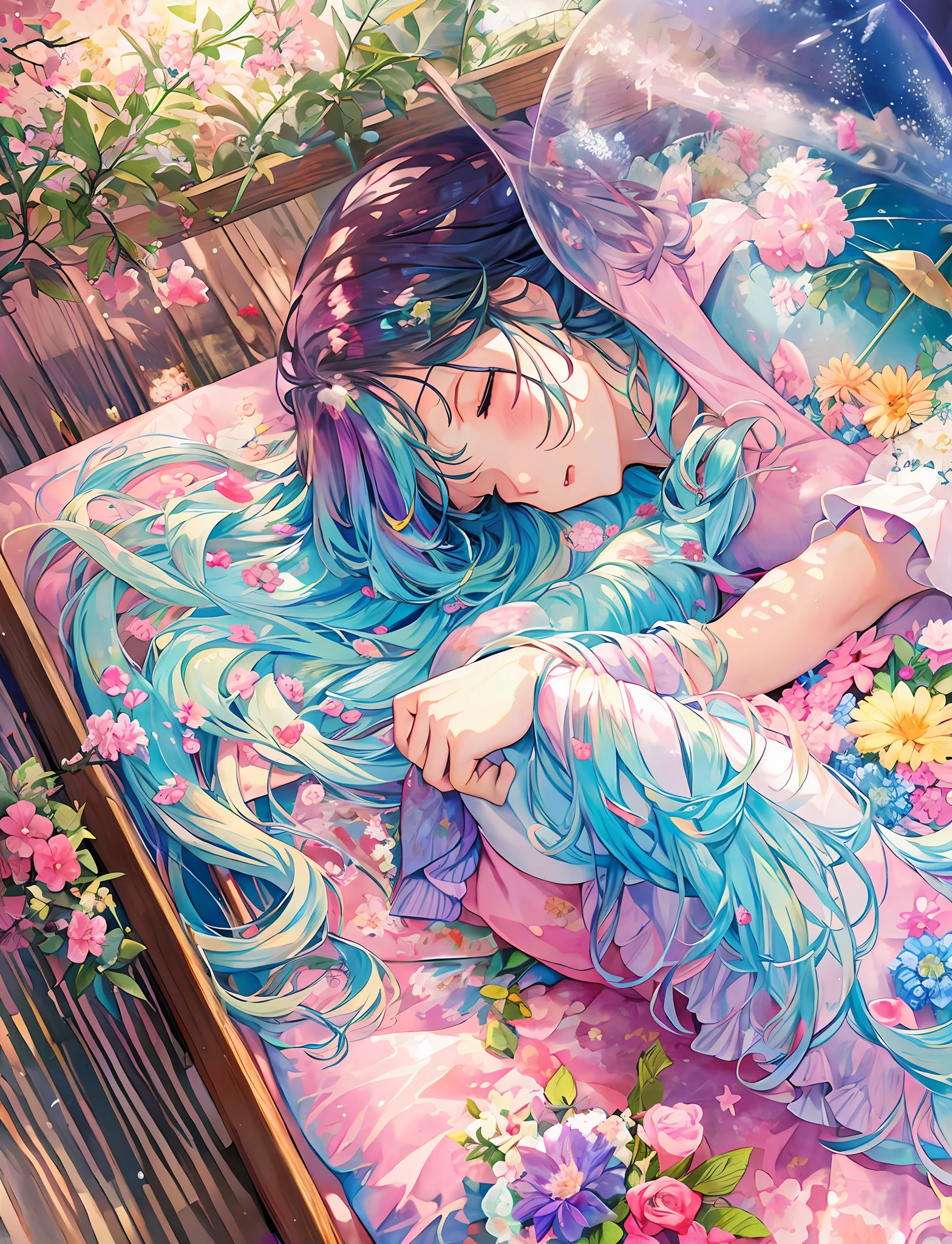 Yumekawa, dreamy cute, pale, moya, (masterpiece, highest quality, highest quality, watercolor (medium), upper body, kiss, lesbian, lolita fashion, pattern, break, (rainbow hair: 1.2), break, soap bubble, rainbow behind, cloud, colorful, soap bubble, spread throughout, cute, pastel, cute room, iridescent unicorn stuffed animal, sleeping in bed