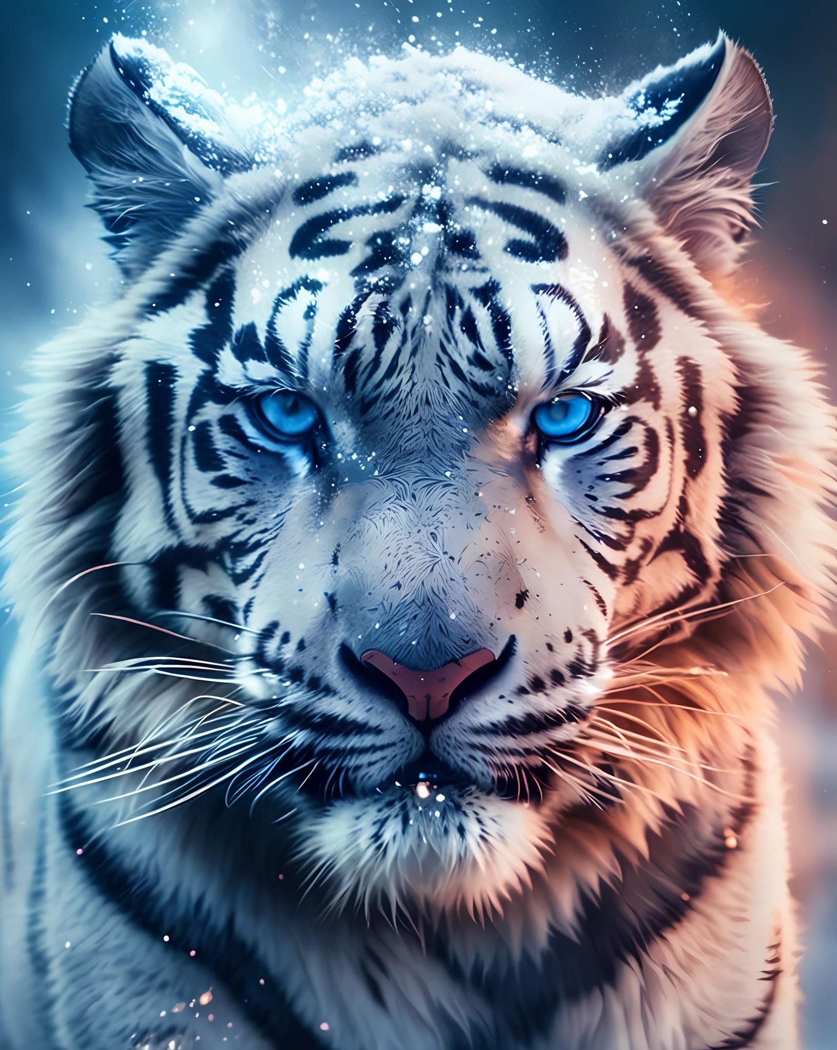 A closeup of a tiger with blue eyes and a blurred background, friendly 4K expression, digital art animal photo, white tiger, beautiful detailed animals, tiger_beast, frozen cold look, ((tiger)), ice blue eyes, tiger, cosmic tiger, mesmerizing blue eyes, beautiful bright blue eyes, illuminated eyes, tiger face, vivid blue eyes, tigers