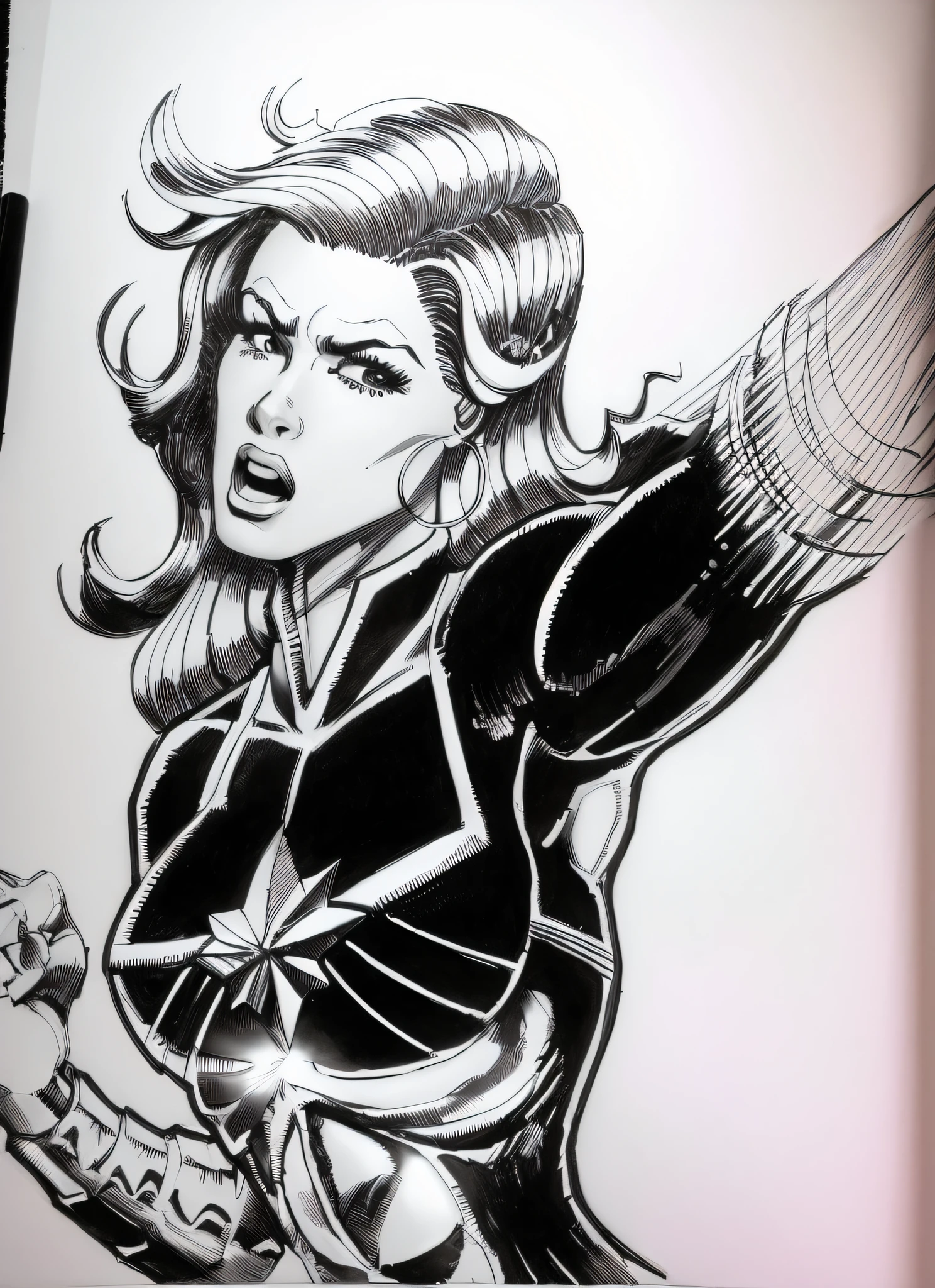 a black and white drawing of a woman, inspired by José Comas Quesada, intense line art, bold lineart, extremely thin ink lineart, inspired by John Romita, intense black line art, striking manga rte, colorful ink manga drawing, latex clothing