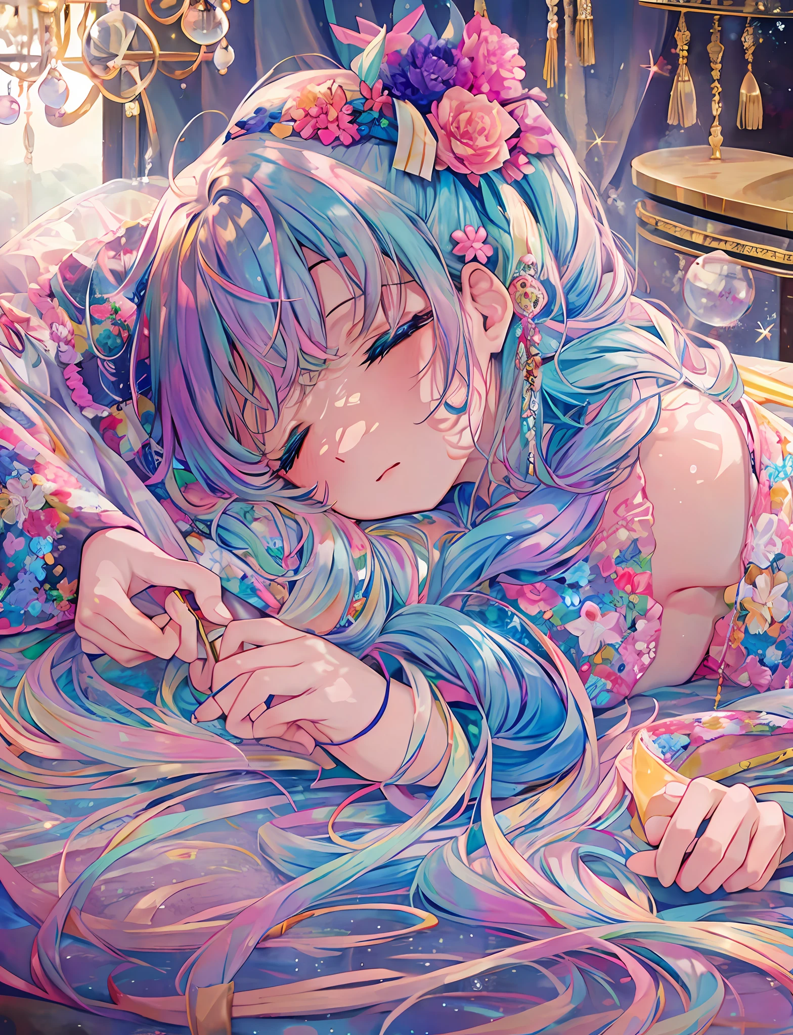 Yumekawa, dreamy cute, pale, moya, (masterpiece, highest quality, highest quality, watercolor (medium), upper body, kiss, lesbian, lolita fashion, pattern, break, (iridescent hair: 1.2), break, soap bubbles, rainbow behind, clouds, colorful, soap bubbles, spread throughout, cute, pastel, cute room, iridescent unicorn stuffed animal, sleeping in bed, Large ribbon