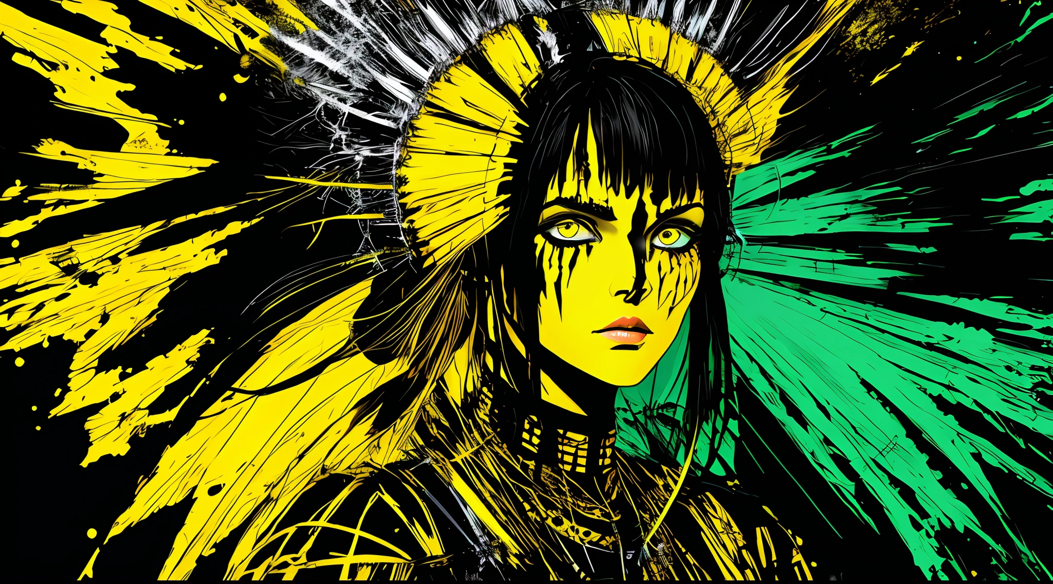 yellow and black, an indigenous goddess, in the style of Mork Borg, strong contrast, grunge dirty punk splash art, zine black metal, forest color splash background