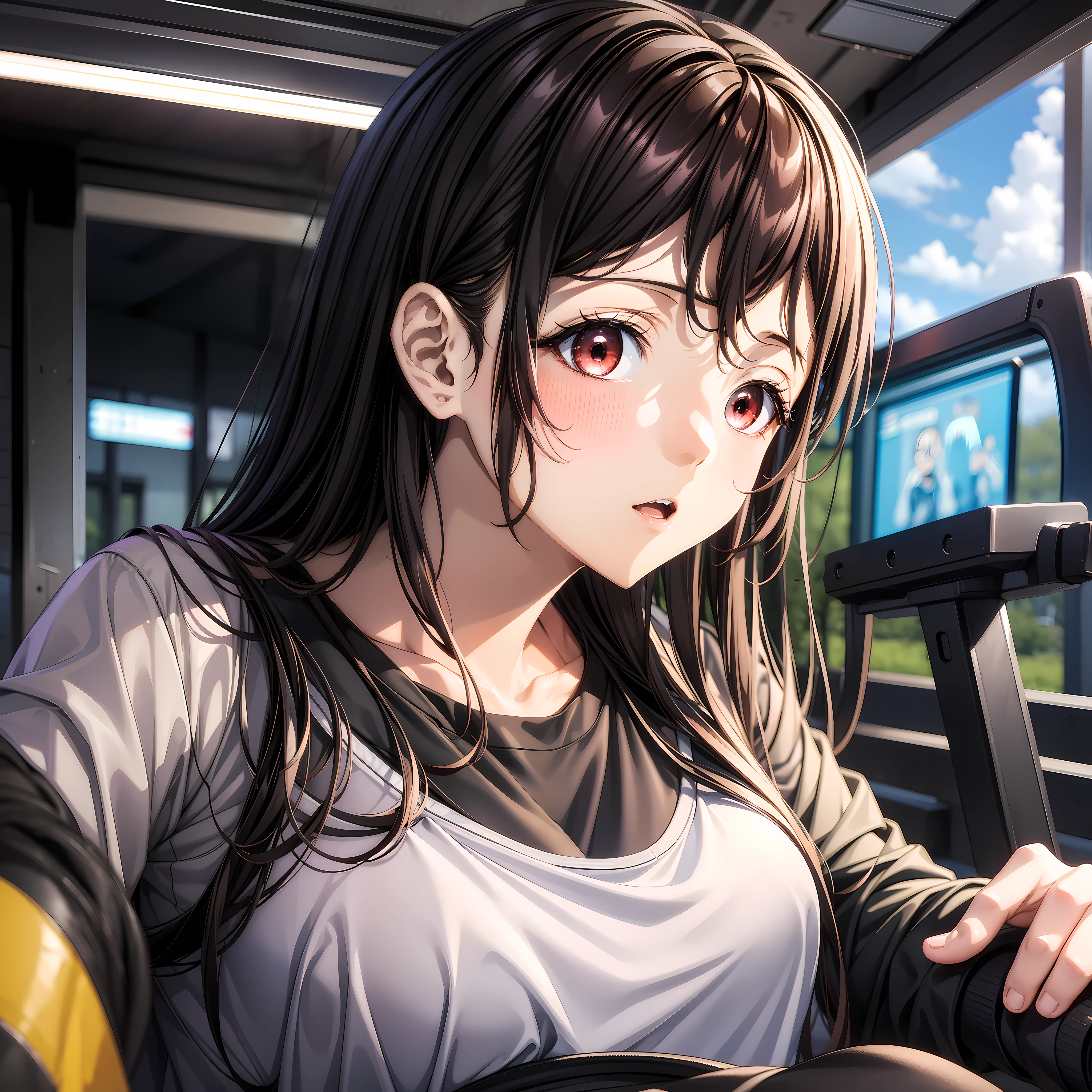 Kaori Hojo, I have an otherworldly cheating skill and have become unparalleled in the real world too, detailed manga style illustration, best quality, dynamic pose, black hair, red eyes, gym outfit, American Shot angle, night battle scene, incredibly detailed eyes, bright eyes