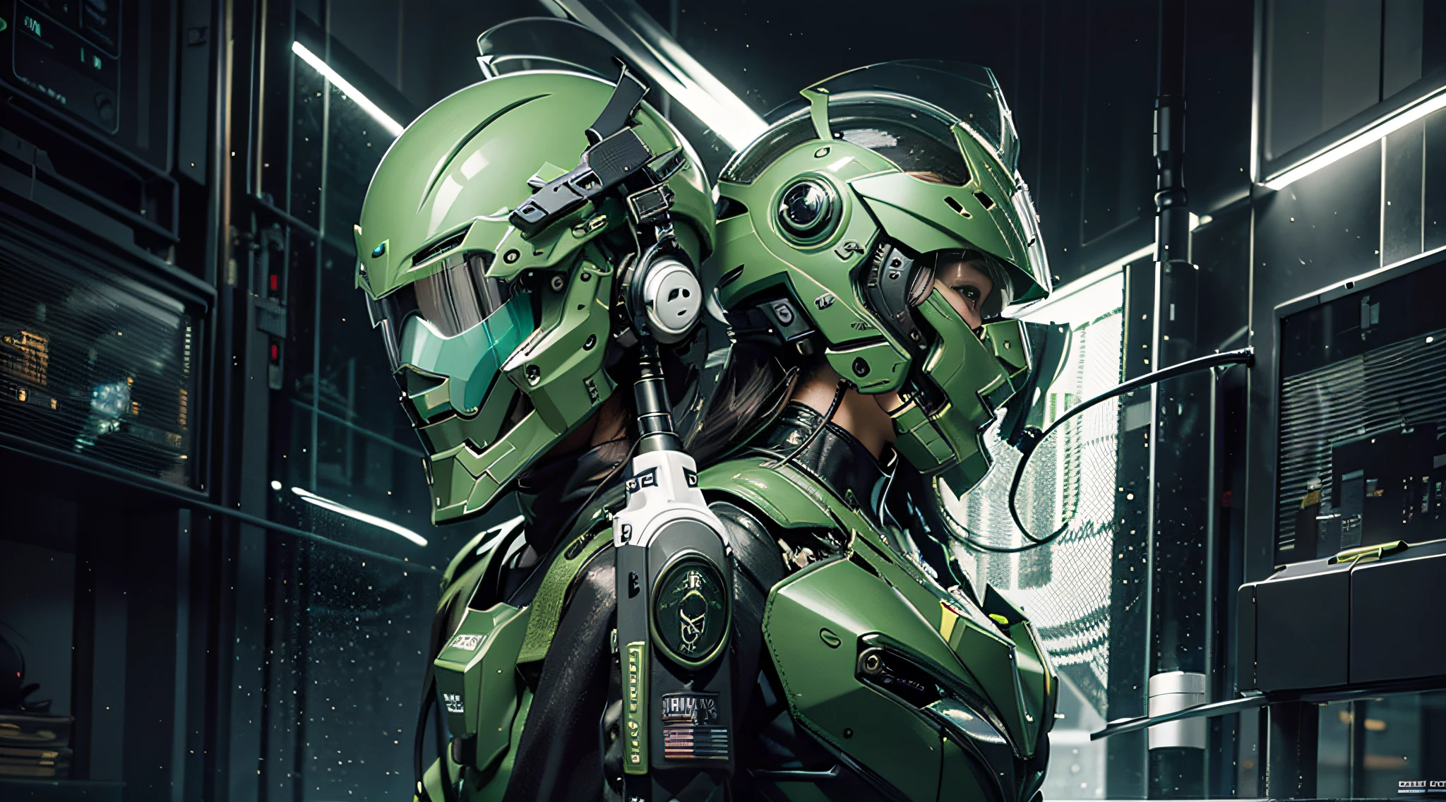 Highest image quality, outstanding details, ultra-high resolution, (realism: 1.4), the best illustration, favor details, highly condensed 1girl, with a delicate and beautiful face, dressed in a black and green mecha, wearing a mecha helmet, holding a directional controller, riding on a motorcycle, the background is a high-tech lighting scene of the future city.