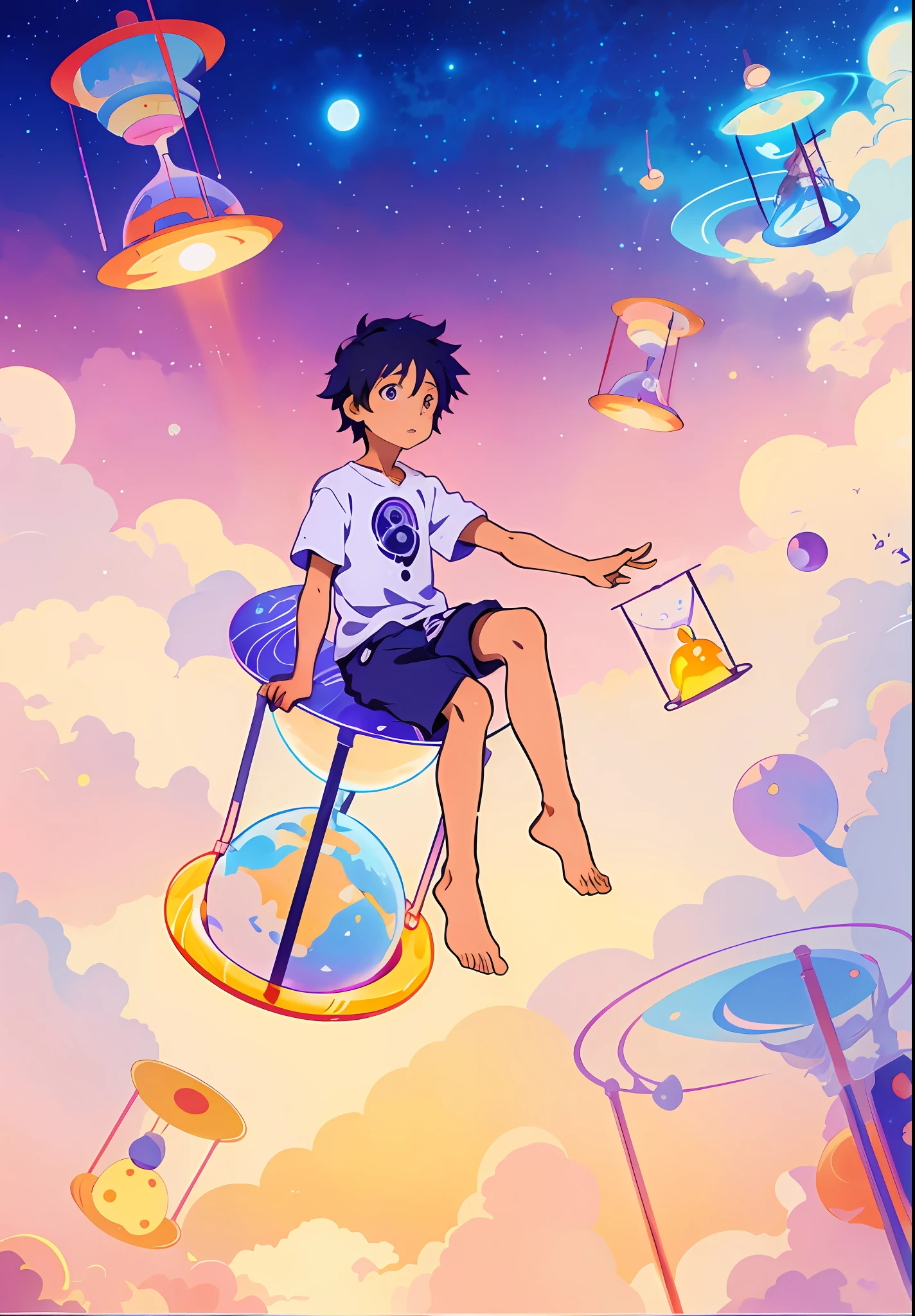 Anime boy sitting in chair, sitting on cosmic cloudscape, official art, official doujin art, Omori, Makoto Shinkai Cyril Rolando, inspired by Cyril Rolando, official illustration, floating next to the planet, Cyril Rolando's style, fantasy psychedelic anime, art style of 8 0 second anime