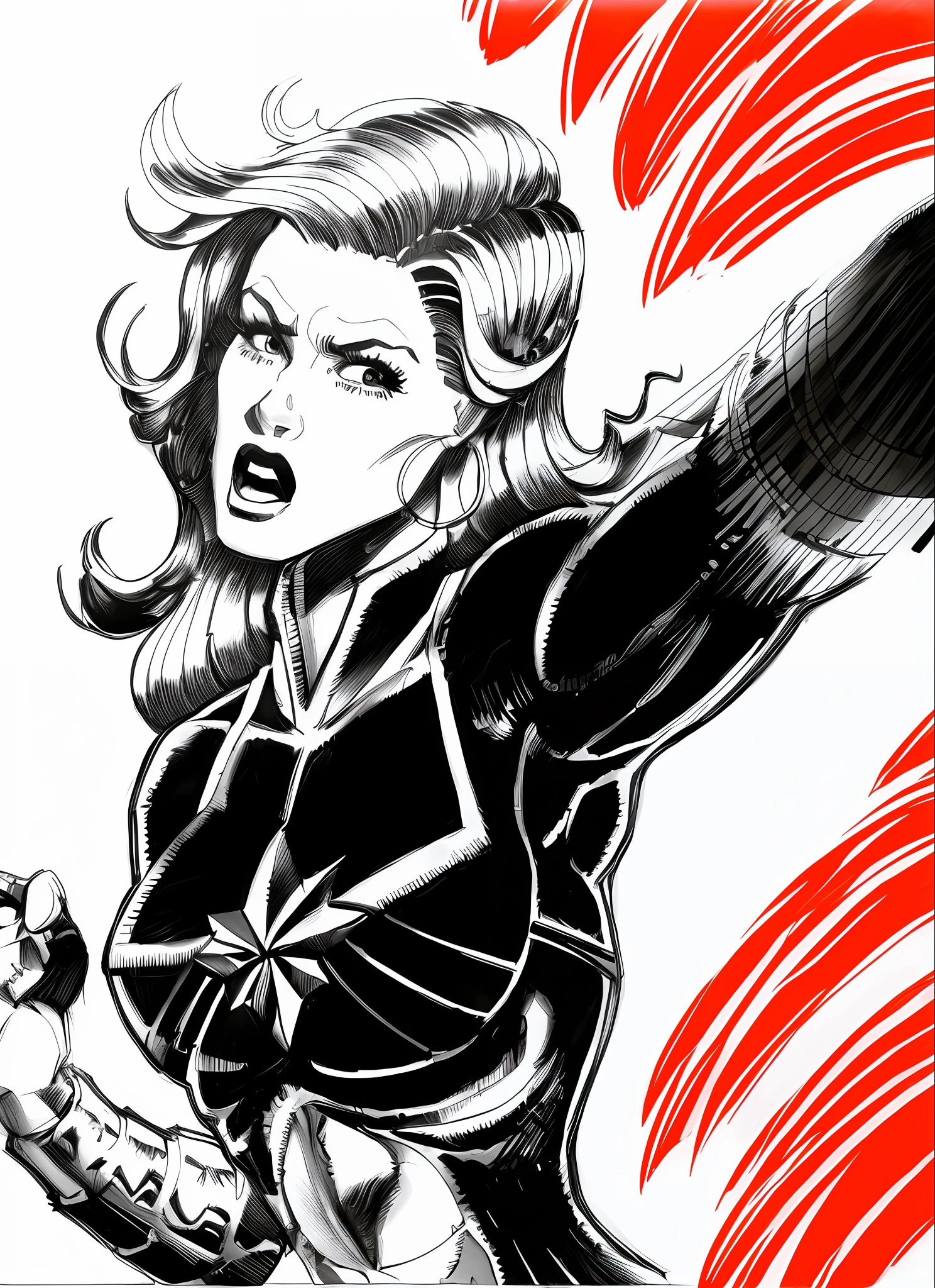 a black and white drawing of a woman, inspired by José Comas Quesada, intense line art, bold lineart, extremely thin ink lineart, inspired by John Romita, intense black line art, striking manga rte, colorful ink manga drawing, latex clothing