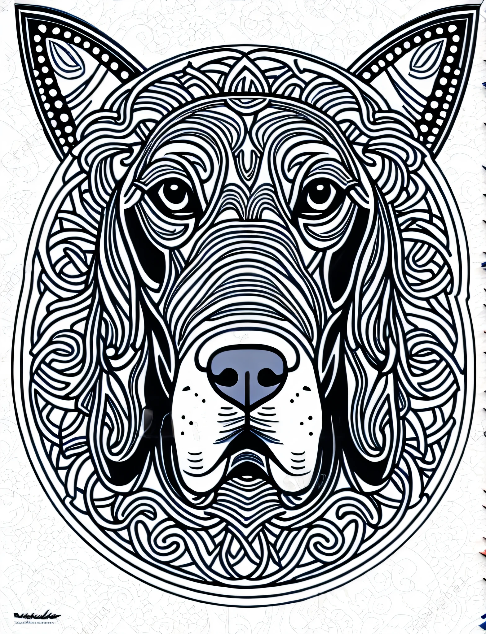 a Basset Hound style dog, fantasy, magical, mandala, unusual, black and white, wavy lines, realistic line art drawing, coloring book page, no noise, sharp thick lines, contour art, centered image, isolated on a white background