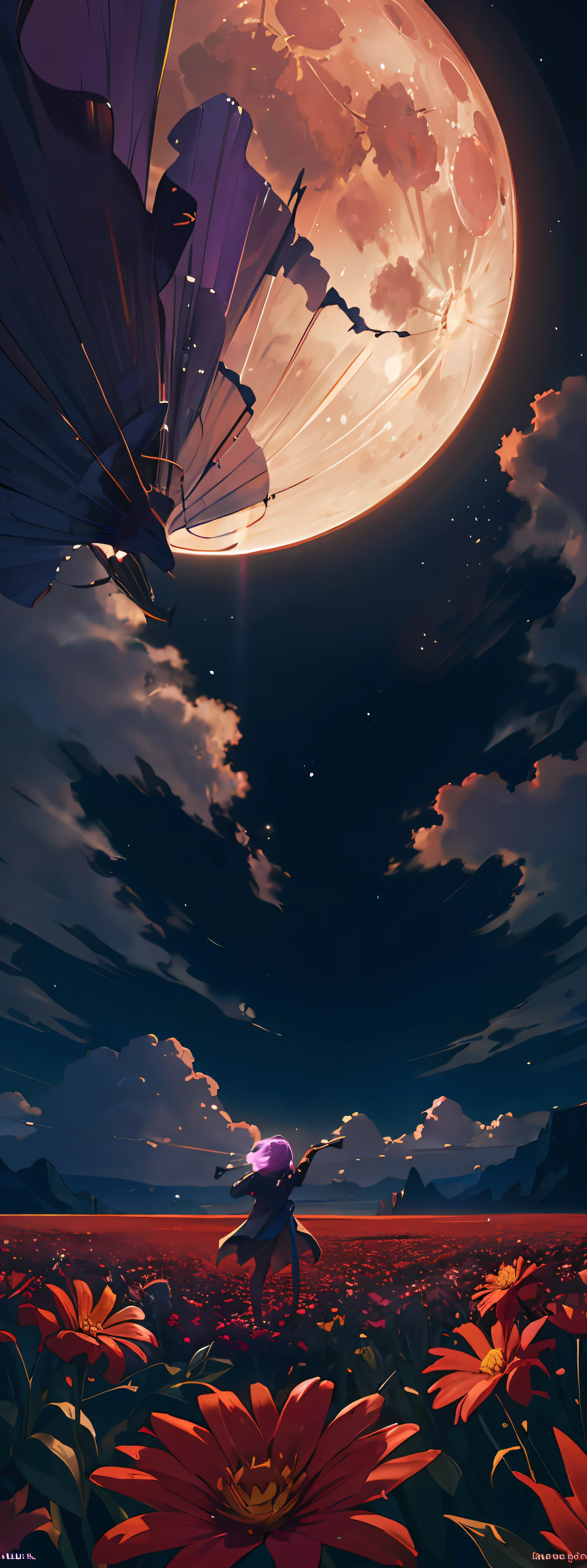 A wide landscape photo, (viewed from below, the sky is above, and the open field is below), a girl standing on a flower field looking up, (full moon: 1.2), (meteor: 0.9), (nebula: 1.3), distant mountains , Trees BREAK Crafting Art, (Warm Light: 1.2), (Firefly: 1.2), Lights, Lots of Purple and Orange, Intricate Details, Volumetric Lighting BREAK (Masterpiece: 1.2), (Best Quality), 4k, Ultra Detailed, (Dynamic Composition: 1.4), Rich in Detail and Color, (Rainbow Color: 1.2), (Glow, Atmospheric Lighting), Dreamy, Magical, (Solo: 1.2)