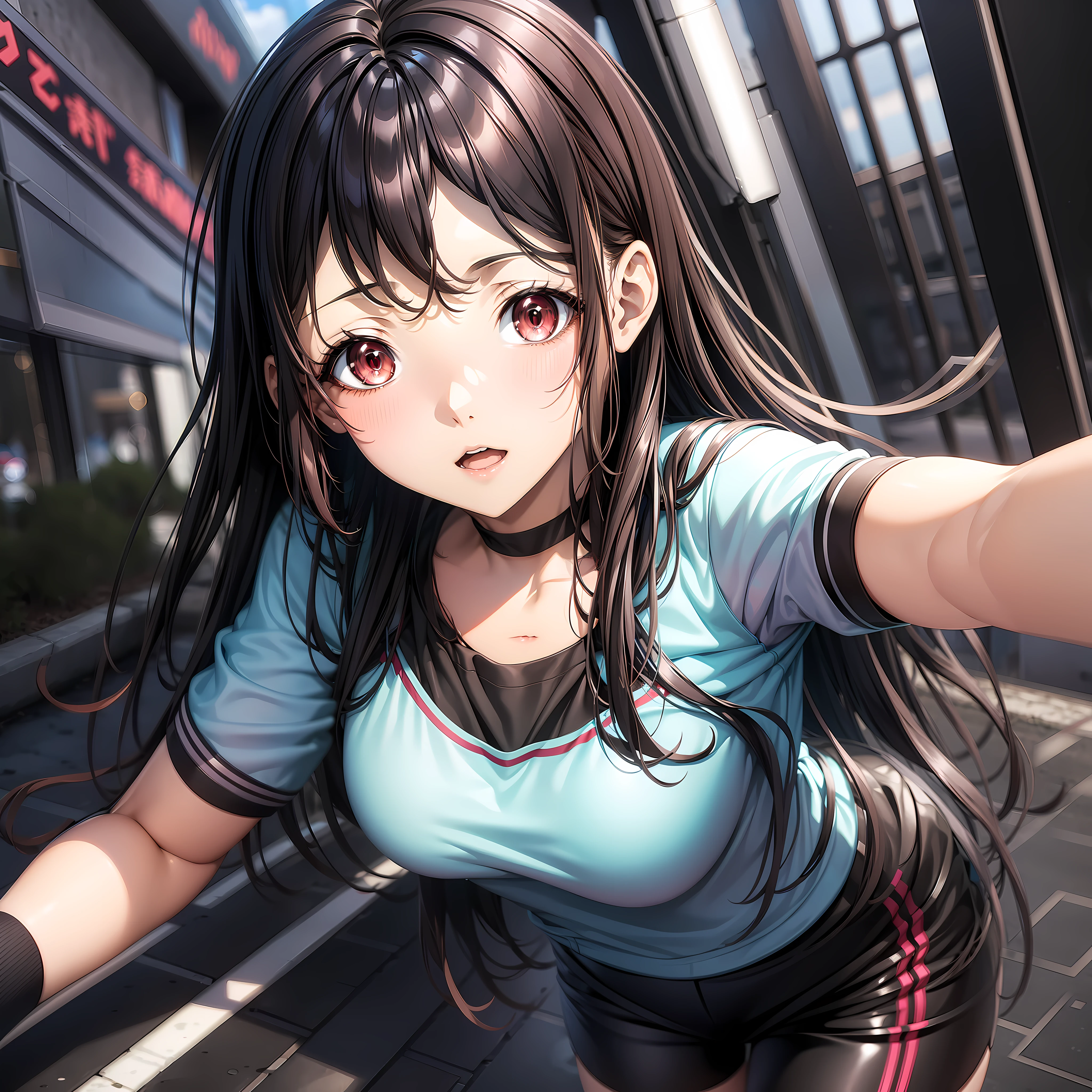 Kaori Hojo, I have an otherworldly cheating skill and have become unparalleled in the real world too, detailed manga style illustration, best quality, dynamic pose, black hair, red eyes, gym outfit, American Shot angle, night battle scene, incredibly detailed eyes, shiny eyes, medium breasts, sparkle on the cheeks, highlight on the lips