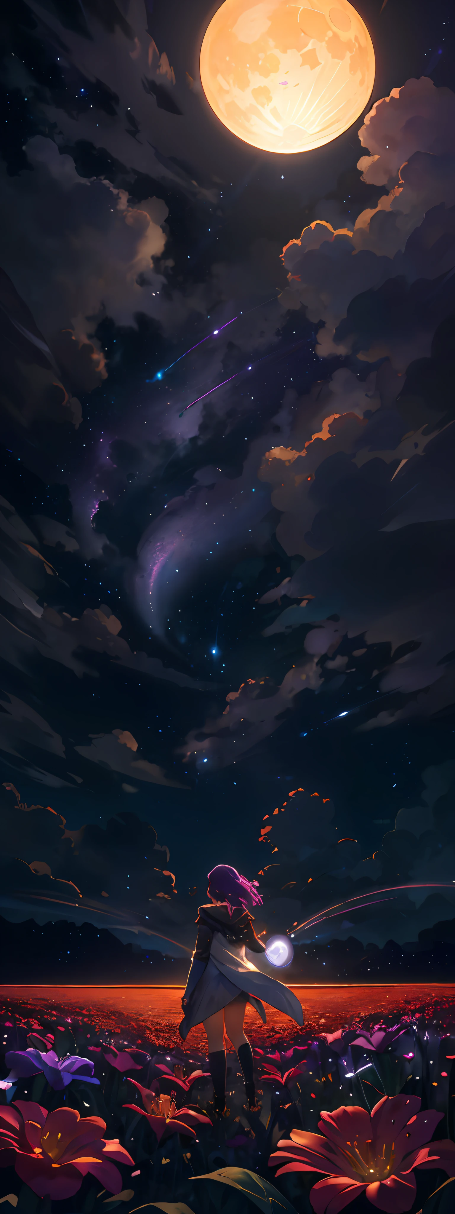 expansive landscape photograph , (a view from below that shows sky above and open field below), a girl standing on flower field looking up, bright sunny day (clouds:1.2), distant mountain, tree BREAK
production art, lot of purple and orange, intricate details, volumetric lighting, realism BREAK
(masterpiece:1.2), detailed shadows, (best quality), 4k, ultra-detailed, (dynamic composition:1.4), highly detailed, colorful details,( iridescent colors:1.2), (glowing lighting, atmospheric lighting), dreamy, magical, (solo:1.2)