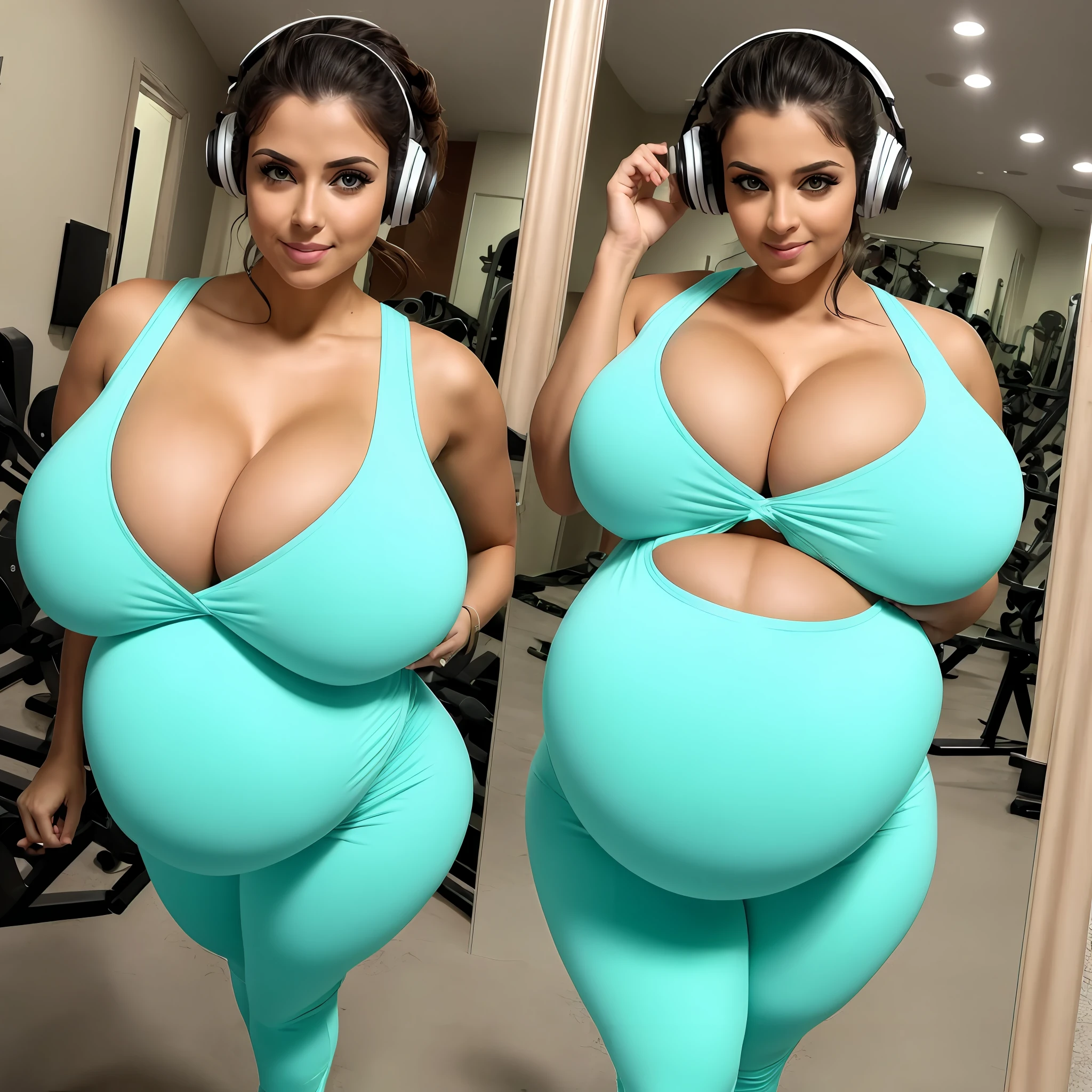 Beautiful pregnant woman admiring her enormous pregnant belly in the gym mirror, tight leggings, tiny sports bra, sneakers, headphones, hair in a messy bun, mirror wall, beautiful pregnant woman, beautiful busty woman, amazing stunningly beautiful, most beautiful woman ever, enormous natural breasts, voluptuous, deep cleavage, beautiful busty model, sexy, enormous massive huge big boobs, gorgeous face, bright big eyes, sexy makeup, wavy hair, enormous round pregnant belly, massive huge pregnant belly