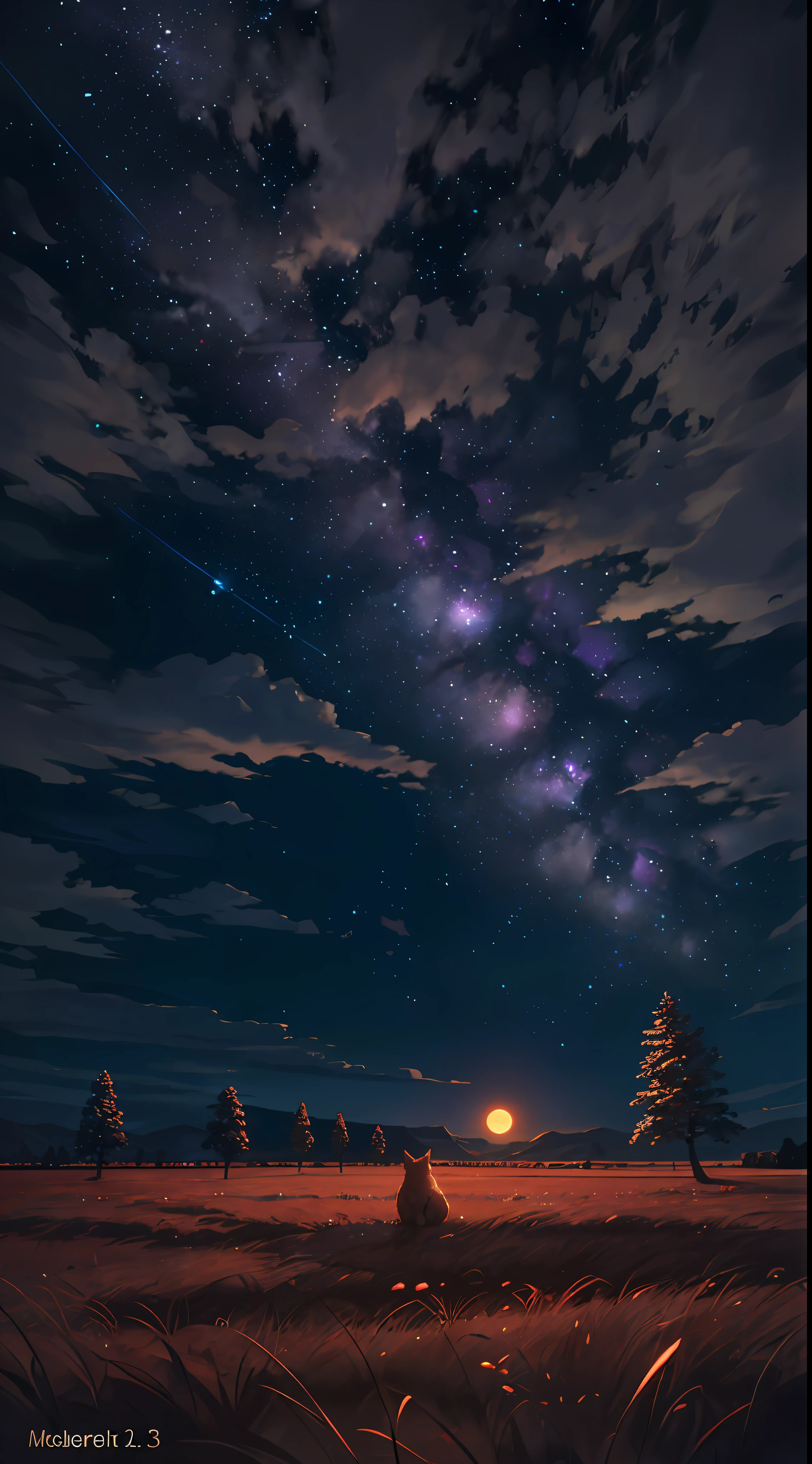 A wide landscape photo, (viewed from below, the sky is above, and the open field is below), a wolf sitting on grass field looking up, (full moon: 1.2), (meteor: 0.9), (nebula: 1.3), distant mountains , Trees BREAK Crafting Art, (Warm Light: 1.2), (Firefly: 1.2), Lights, Lots of Purple and Orange, Intricate Details, Volumetric Lighting BREAK (Masterpiece: 1.2), (Best Quality), 4k, Ultra Detailed, (Dynamic Composition: 1.4), Rich in Detail and Color, (Rainbow Color: 1.2), (Glow, Atmospheric Lighting), Dreamy, Magical, (Solo: 1.2)