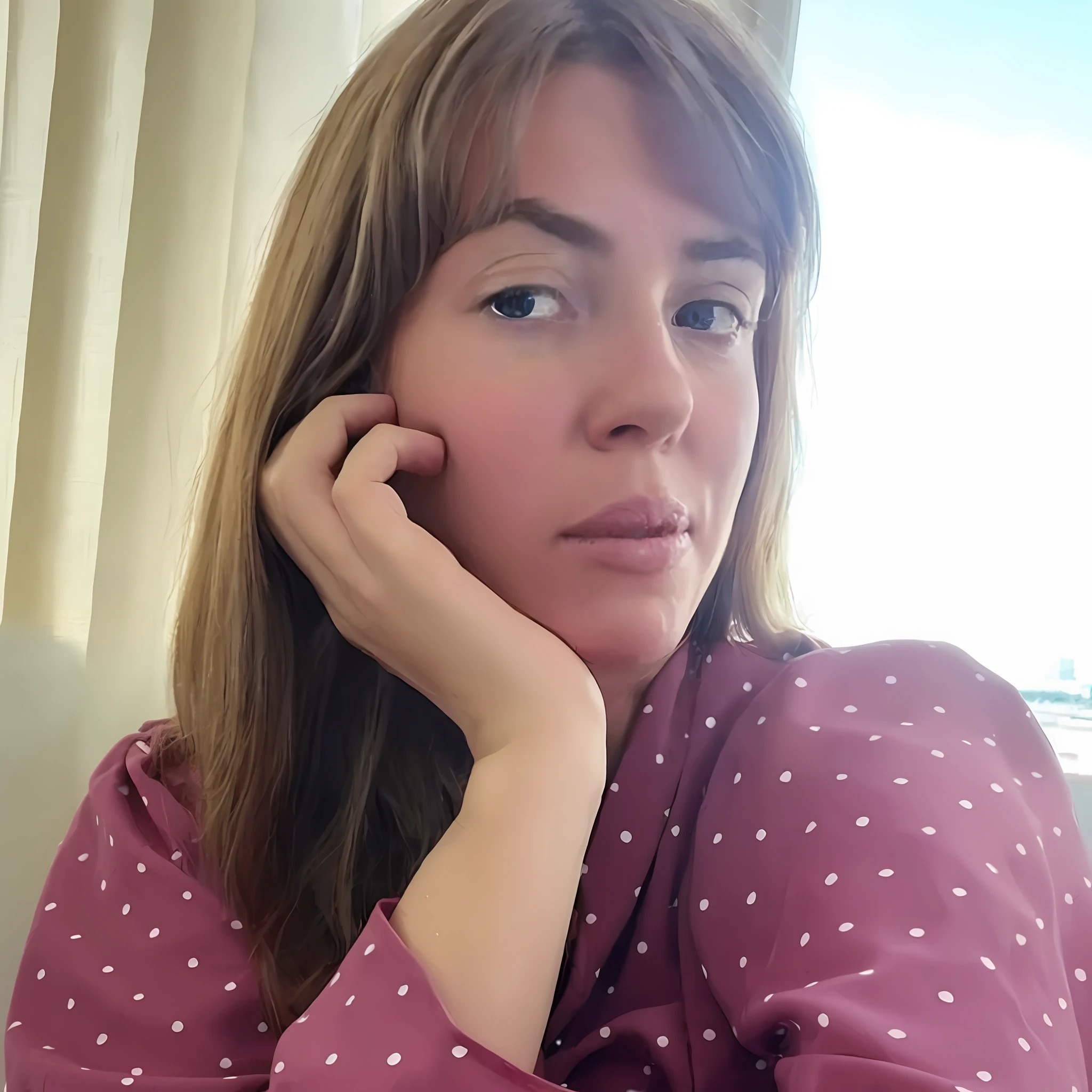 arafed woman with a pink shirt and white polka dots on her shirt, profile image, anastasia ovchinnikova, ekaterina, leesha hannigan, taken in the early 2020s, photo portrait, headshot profile picture, alison hannigan, moleksandra shchaslyva, photo of džesika devic