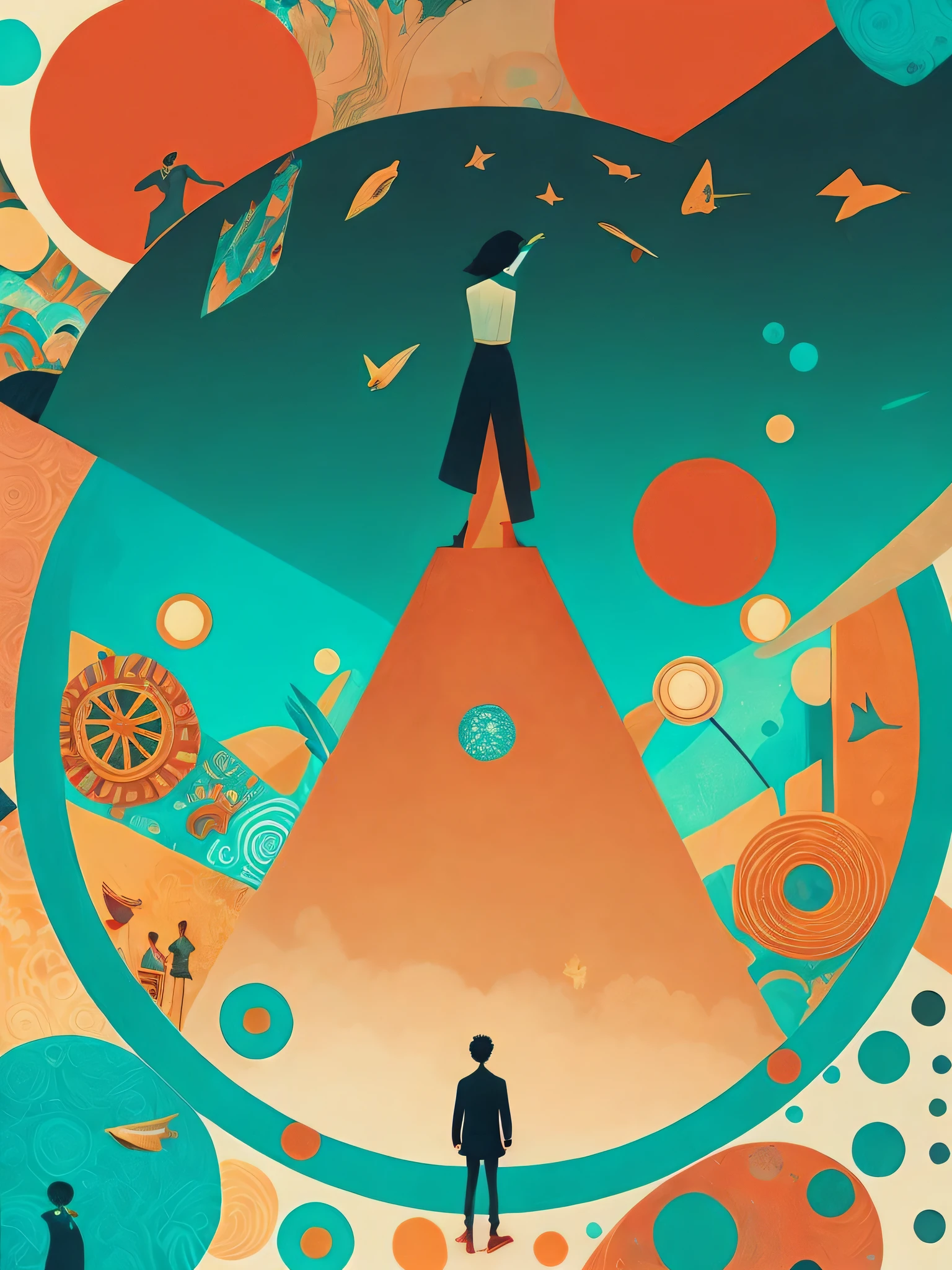 a painting of a person standing in the middle of a circle with a lot of things on it by Victo Ngai