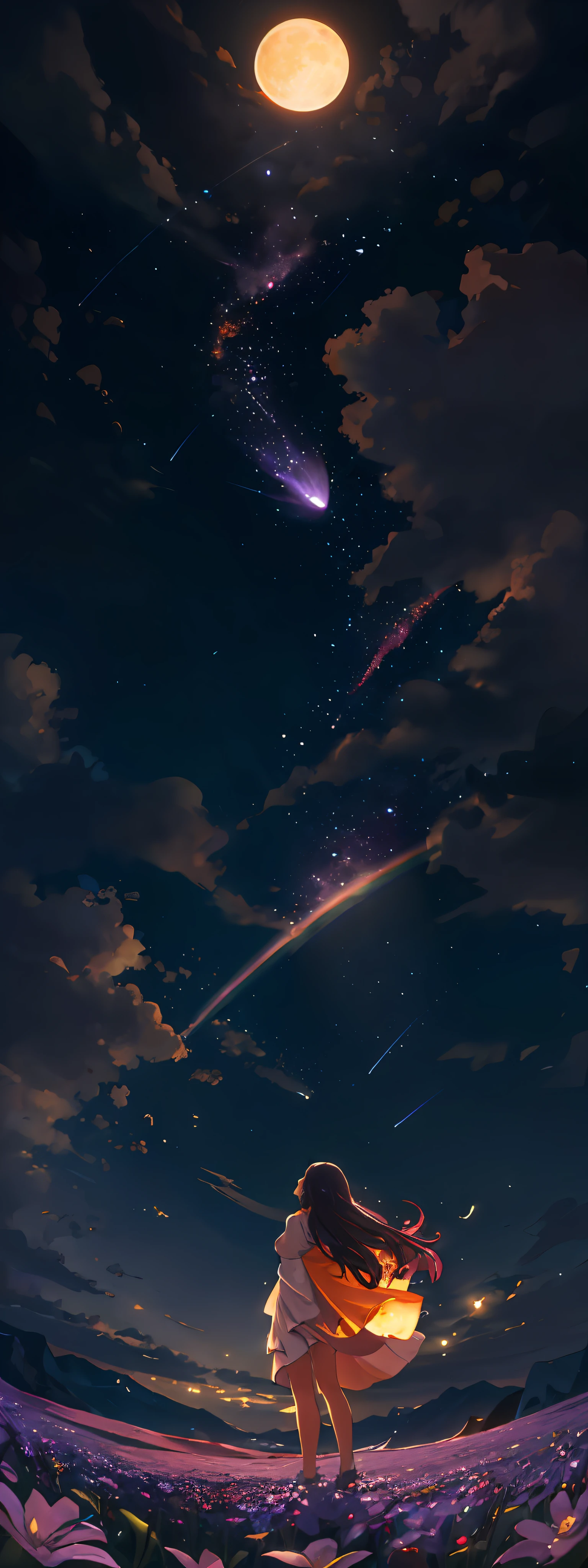 Vast landscape photo, (viewed from below, the sky is above and the open field is below), a girl standing on a flower field looking up, (full moon: 1.2), (meteor: 0.9), (nebula: 1.3), distant mountains , Trees BREAK Crafting Art, (Warm Light: 1.2), (Fireflies: 1.2), Lights, Lots of Purple and Orange, Intricate Details, Volumetric Lighting, Realism BREAK (Masterpiece: 1.2), (Best Quality), 4k, Ultra-Detailed, (Dynamic Composition: 1.4), Very Detailed, Colorful Details, (Rainbow Colors: 1.2), (Glow Lighting, Atmospheric Lighting), Dreamy, Magical, (Solo: 1.2)