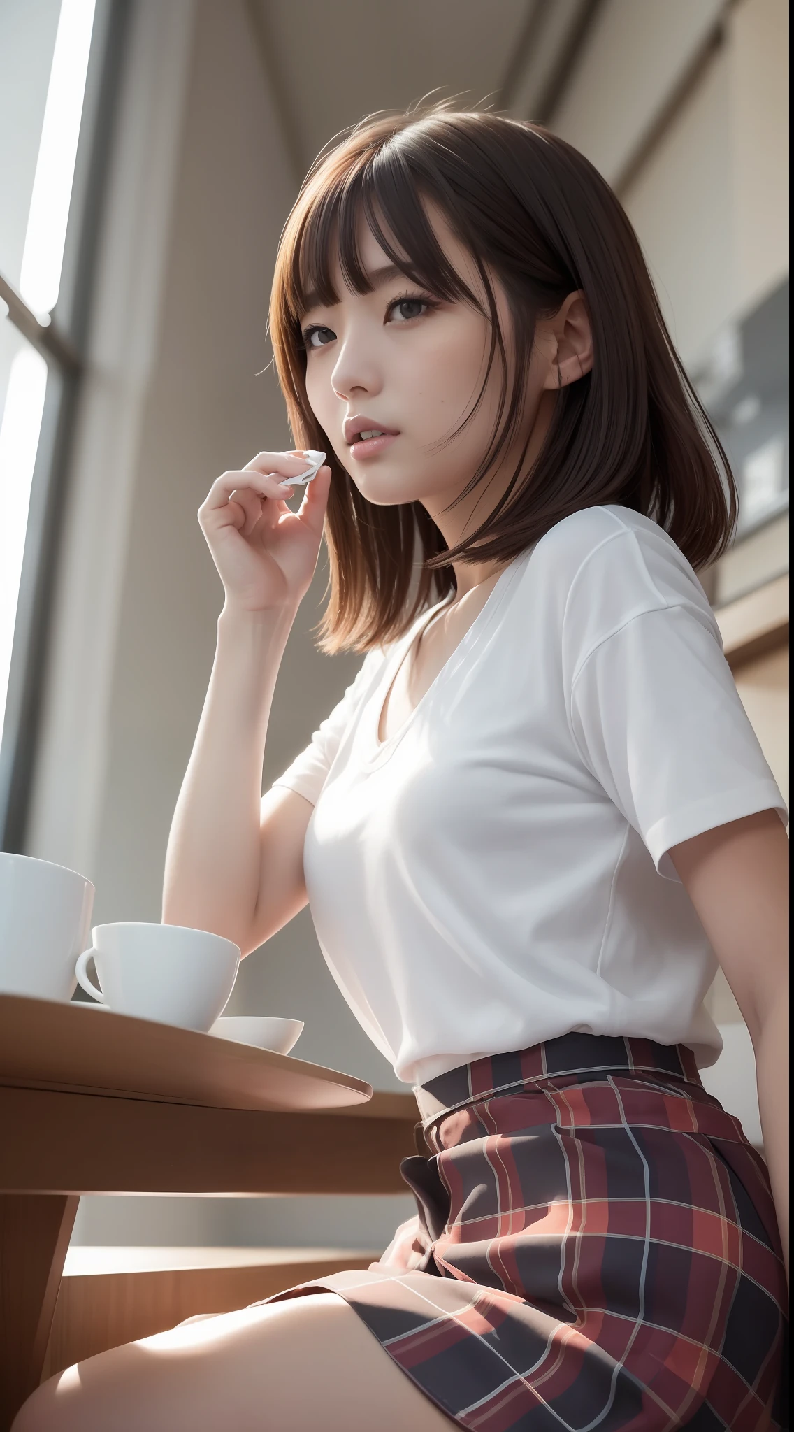 ((Best quality, 8k, Masterpiece: 1.3)), Sharp focus: 1.2, 1 AKB48 girl, beautiful face girl, cute face, age 28, small breasts, flat chest, short messy hair, sitting, UNIQLO casual clothes, skirt, (showing white panties: 1.3), cafe, sunlight, dramatic angle, kindness, cinematic lighting, from below, (8k, masterpiece, best quality, raw photo)