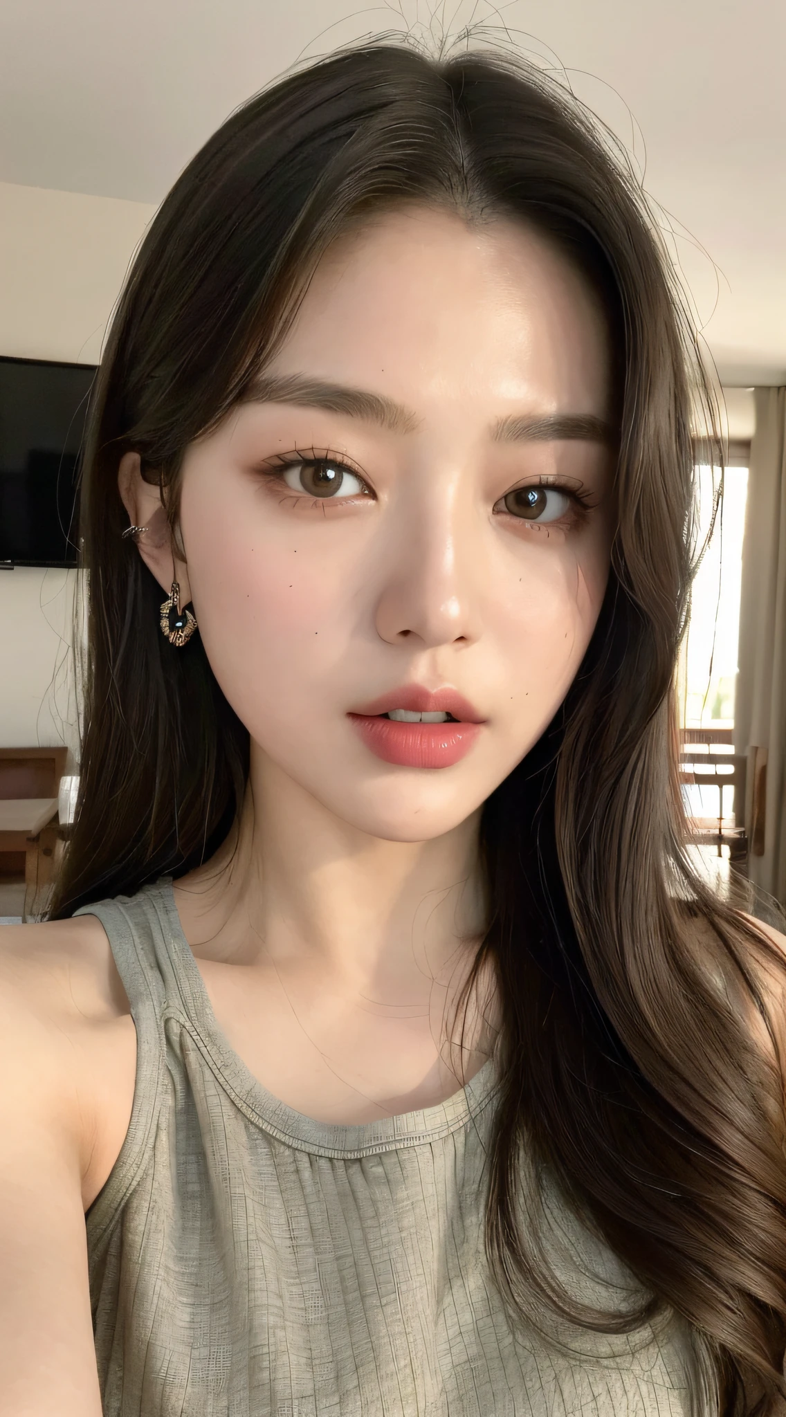 Selfie, ((Masterpiece, Best Quality, 8K, Absurd:1.4)), stunning, Beautiful girl, View Viewer, High Definition, (Dutch angle, Perspective, depth of field:0.8), Ultra Detail, Detailed Face and Skin, Detailed Eyes, Double Eyelids, Living Room