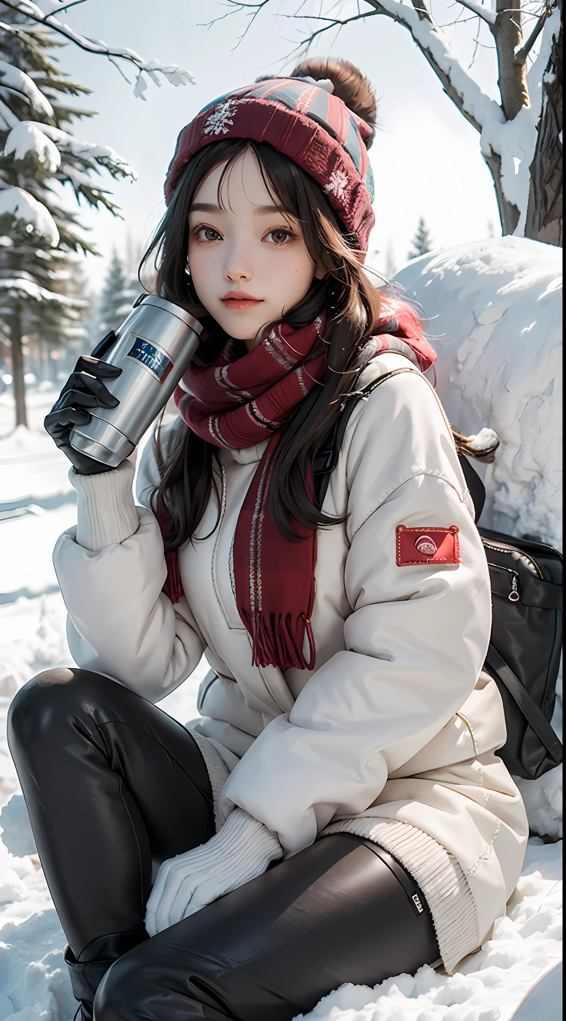 In winter, snowy, girly, ski cap, scarf, big sweater, down jacket, long skirt, pantyhose, thick leather boots, holding a thermos cup in both hands, red cheeks, wearing goggles on her head, plush gloves, sitting under a tree, spreading her legs