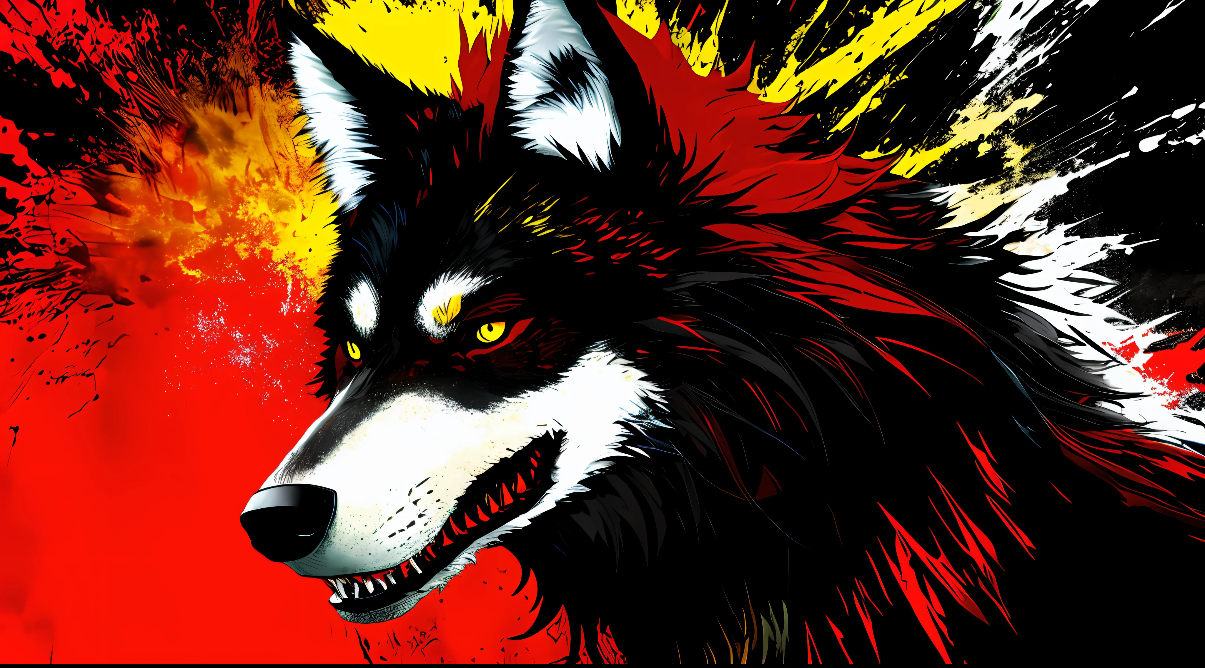 red, yellow and black, a monstrous wolf, in the style of Mork Borg, strong contrast, grunge dirty punk splash art, zine black metal, forest color splash background