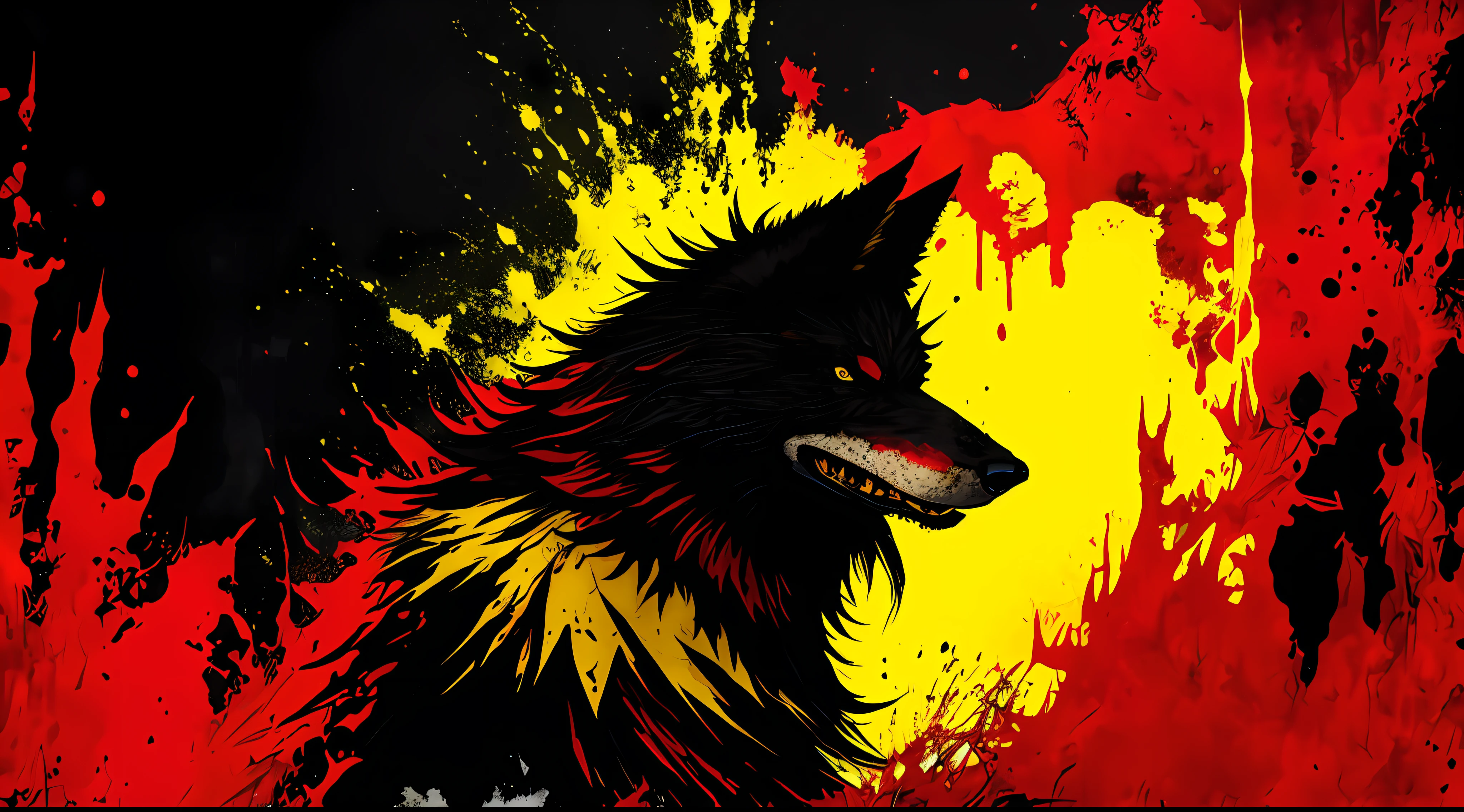 red, yellow and black, a monstrous wolf, in the style of Mork Borg, strong contrast, grunge dirty punk splash art, zine black metal, forest color splash background
