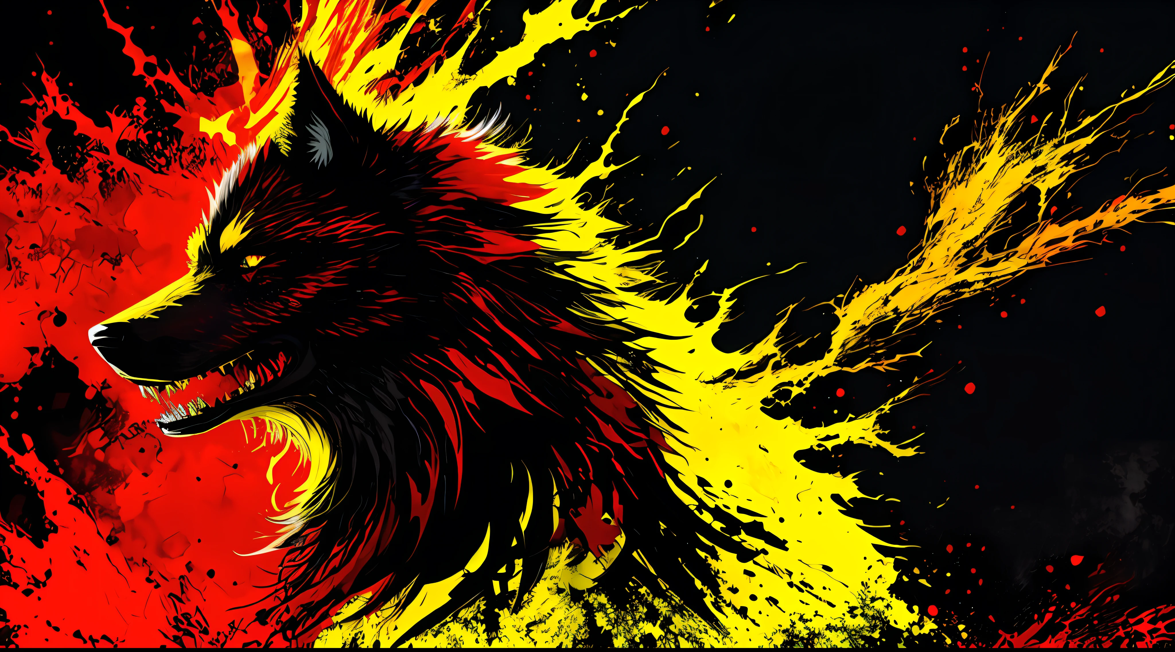red, yellow and black, a monstrous wolf, in the style of Mork Borg, strong contrast, grunge dirty punk splash art, zine black metal, forest color splash background