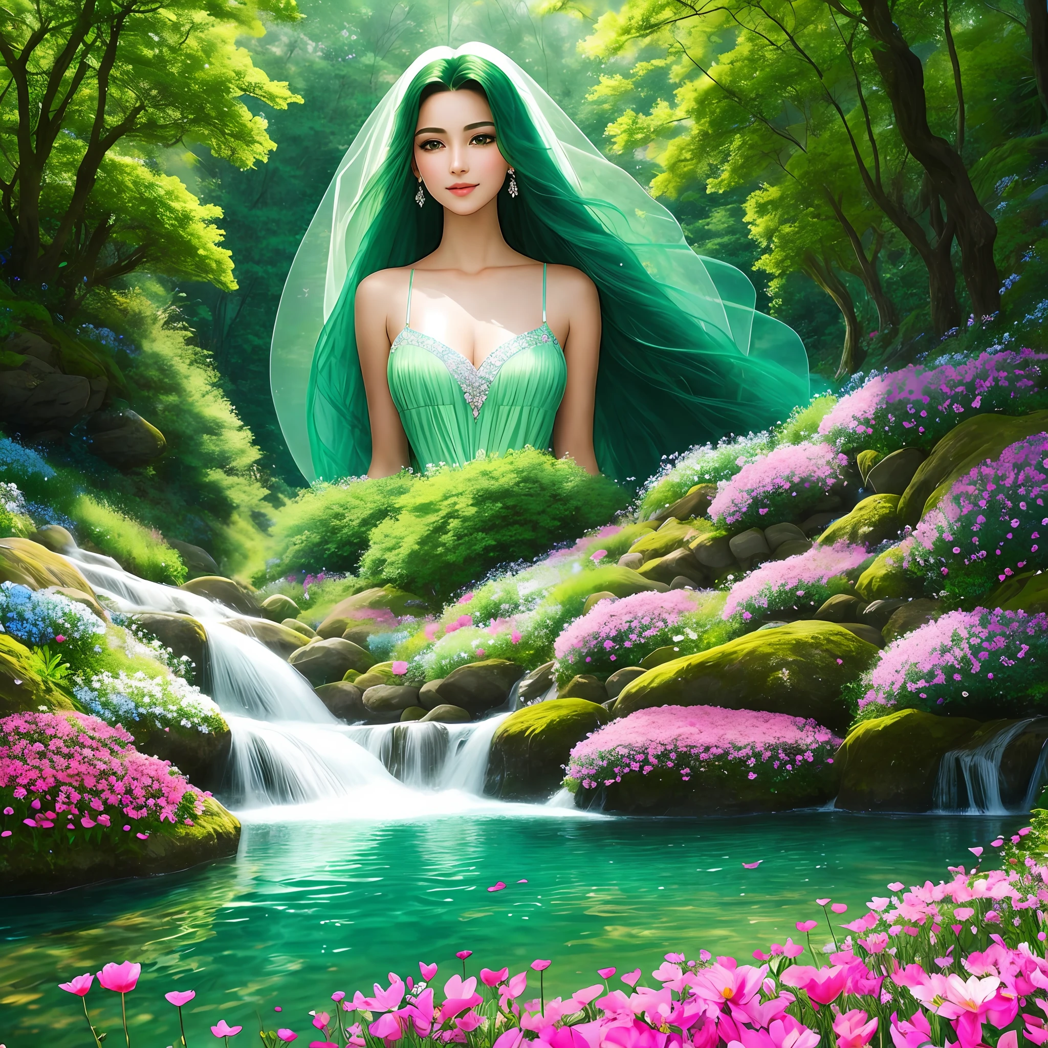 In a sea of flowers, the emerald green meadow blooms with various flowers. One of them is the most delicate and moving, like a beautiful woman in a fairyland. She is tall and elegant, and her long hair flows like a waterfall. She wore a long tulle dress with soft fabrics dancing in the wind, shining in the sun.
She has bright and crystal clear eyes, like two clear lakes. The slightly curved, delicate and slender eyebrows outline the perfect proportions and the emotions hidden in the depths of the soul.
Rose lip gloss adorns her perfectly sculpted rosy lips, smiling softly and sweetly.
The whole picture seems to be frozen in a secluded and mysterious place, allowing the viewer to bathe in the tranquility and elegance brought by this beauty, and yearn for and admire its endless charm.