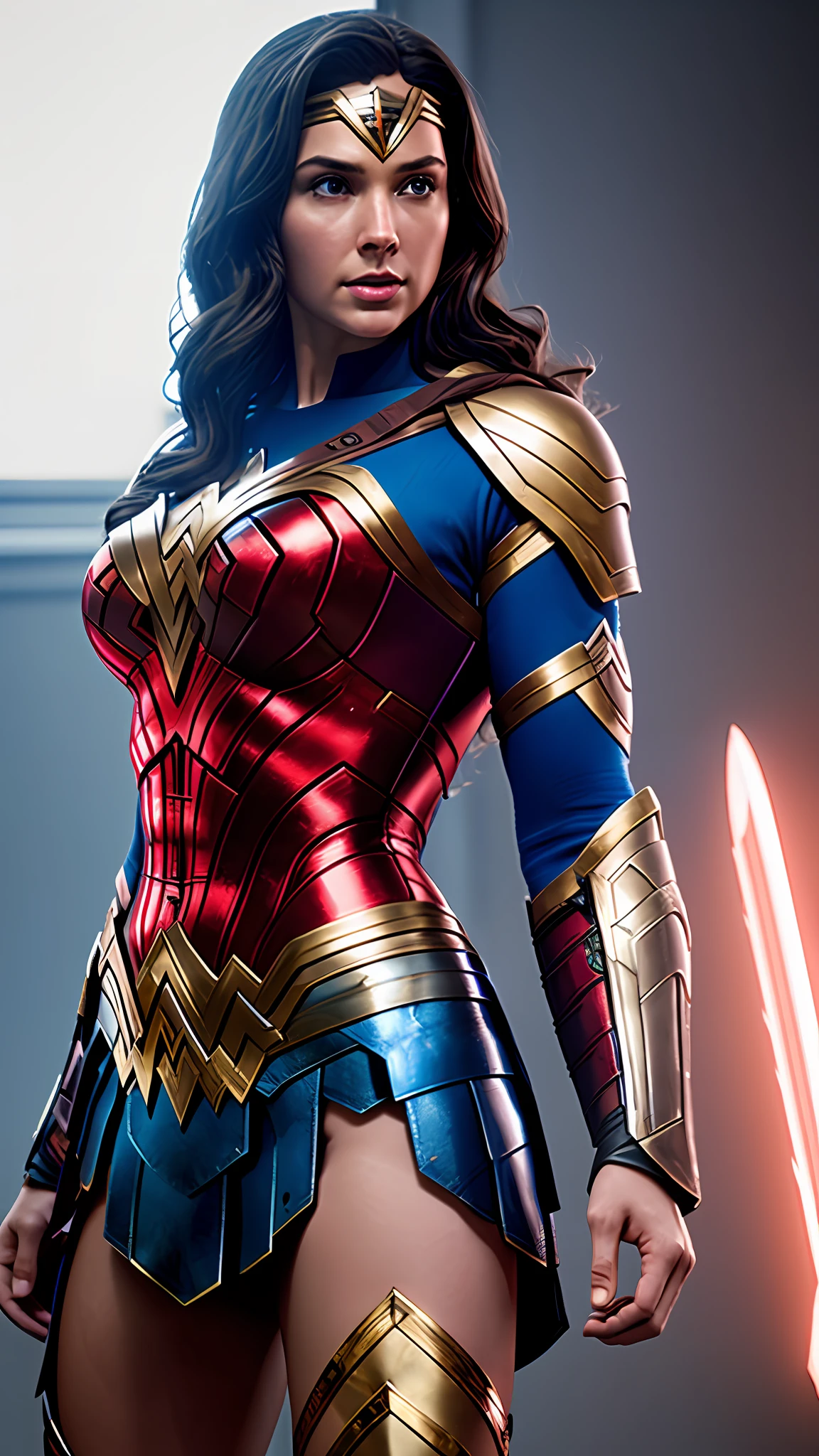 wonder woman, red and blue armor, photography, soft lighting, soft details, octane, artstation trending, ultra high detail, ultra realistic, cinematic,16k