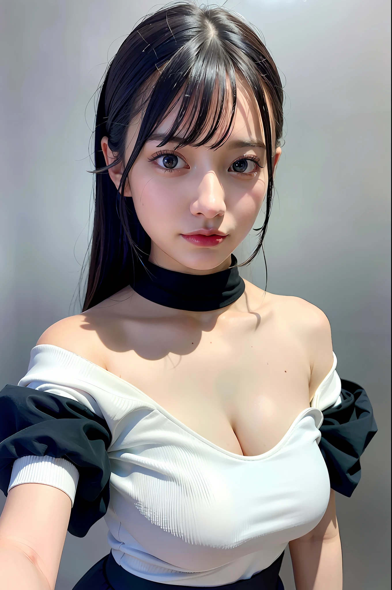 best quality, ultra high res, (photorealistic:1.4), 1girl, off-shoulder white shirt, black tight skirt, black choker, (faded ash gray hair:1), (huge breasts:1.2), looking at viewer, closeup ,