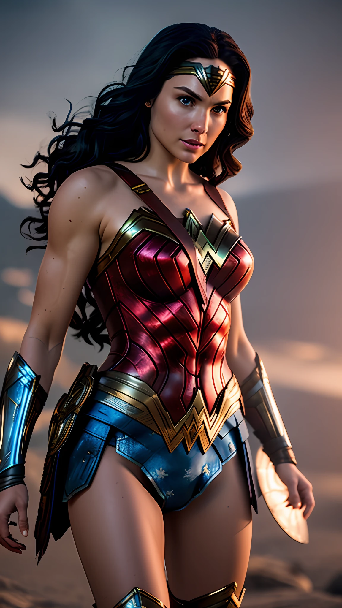 wonder woman, red and blue armor, photography, soft lighting, soft details, octane, artstation trending, ultra high detail, ultra realistic, cinematic,16k