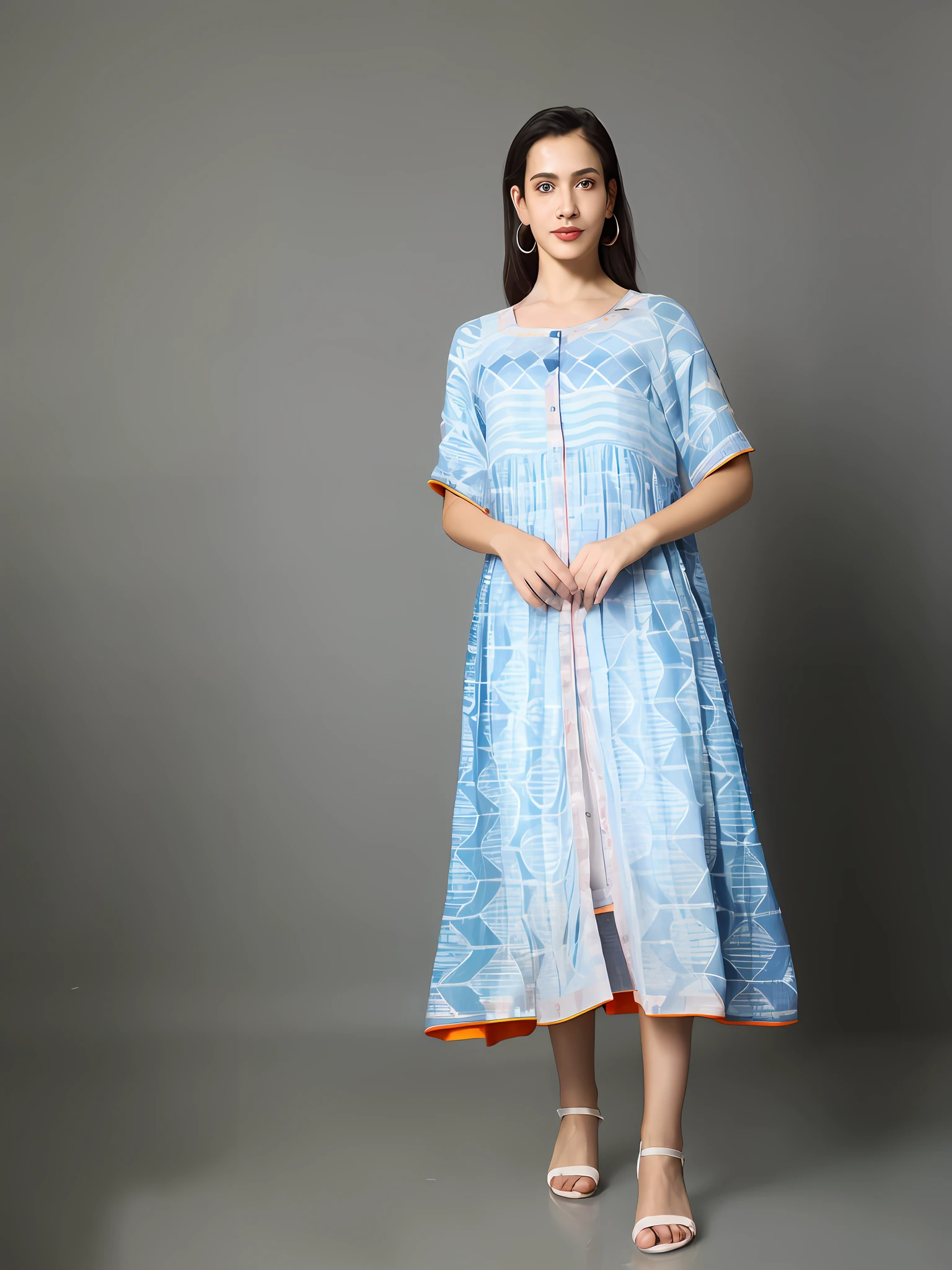 arafed woman in a blue dress standing in front of a gray background, idian dress, frock, light half opened dress, long tunic, soft silk dress, peasant dress, multilayered outfit, dress in voile, tribal clothing, flowing dress, stylish dress, blue colored traditional wear, wearing a kurta, wearing in a summer dress, long dress