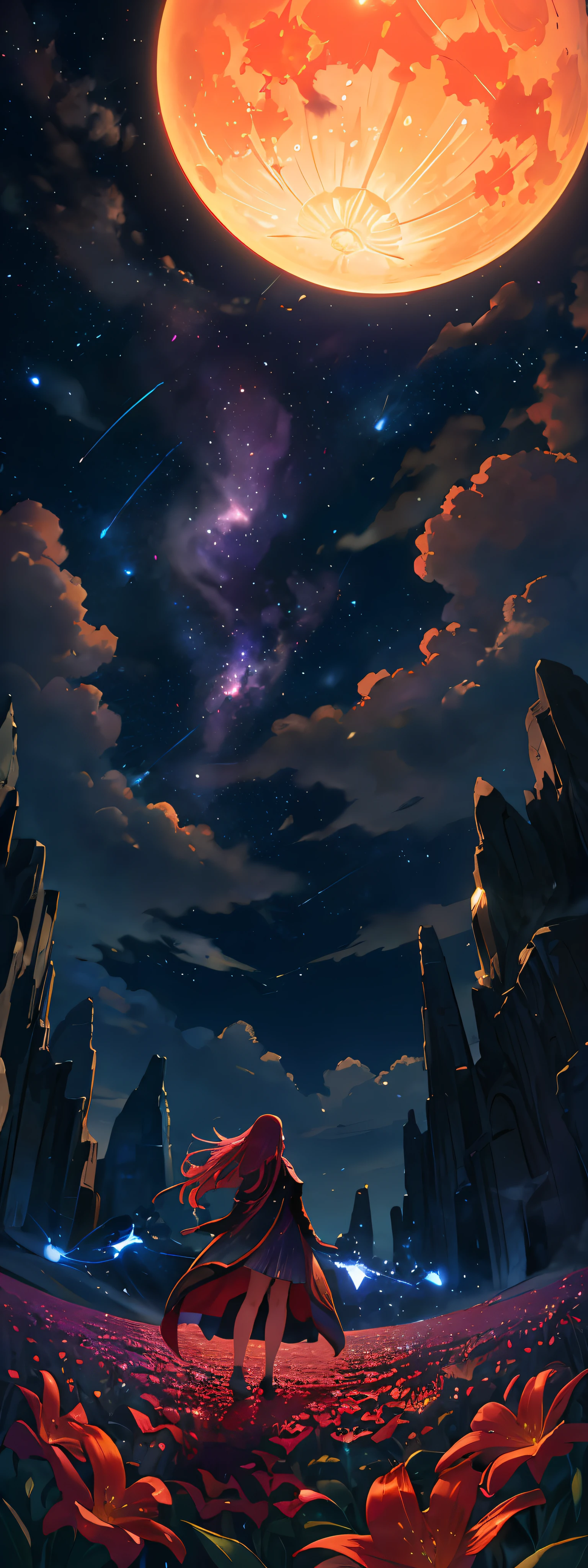 expansive landscape photograph , (a view from below that shows sky above and open field below), a girl standing on flower field looking up, (full moon:1.2), ( shooting stars:0.9), (nebula:1.3), distant mountain, tree BREAK
production art, (warm light source:1.2), (Firefly:1.2), lamp, lot of purple and orange, intricate details, volumetric lighting, realism BREAK
(masterpiece:1.2), (best quality), 4k, ultra-detailed, (dynamic composition:1.4), highly detailed, colorful details,( iridescent colors:1.2), (glowing lighting, atmospheric lighting), dreamy, magical, (solo:1.2)