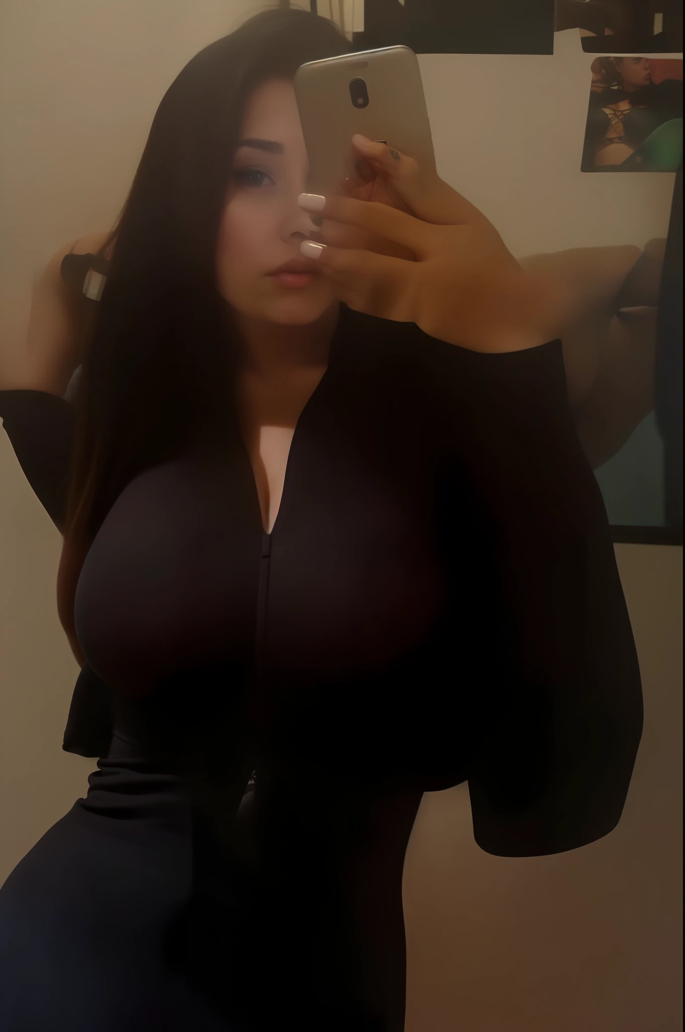 pregnant woman taking selfie in mirror with cell phone, 2 4 year old female model, wearing a black bodysuit, busty, tight attire, cleavage, thick neck, tight outfit, thicc, sie boob, black top, sexy girl, she is facing the camera, tight dress, full pov, angelawhite, thick, seductively looking in front