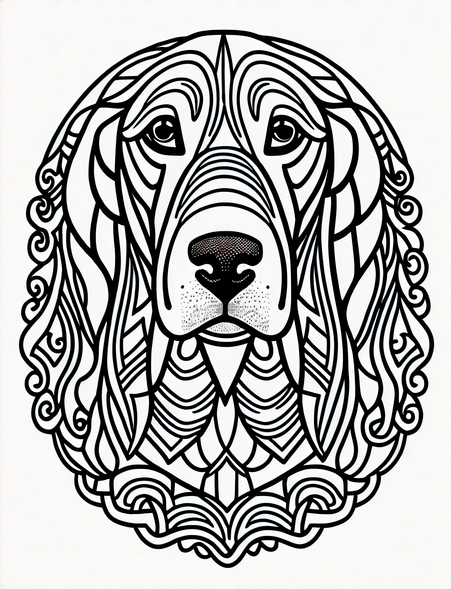 a Basset Hound style dog, fantasy, magical, mandala, happy, black and white, wavy lines, realistic line art drawing, coloring book page, no noise, sharp thick lines, contour art, centered image, isolated on a white background