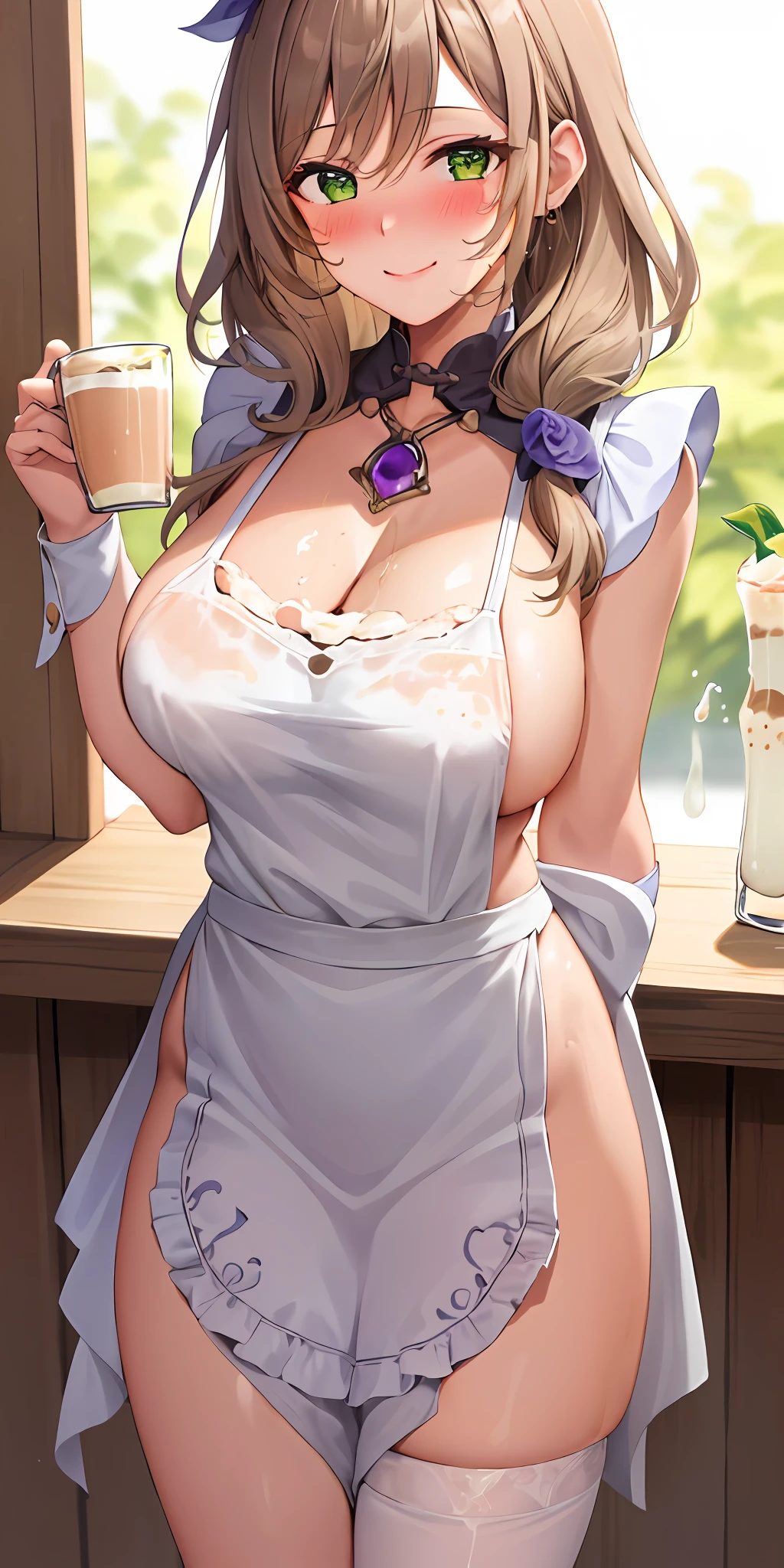 1girl, solo, (naked:1.1), (apron), large breasts, thighs, cafe background, smiling, (blushing:1.3), (milk drip on breasts:1.3), leaning forward, pov