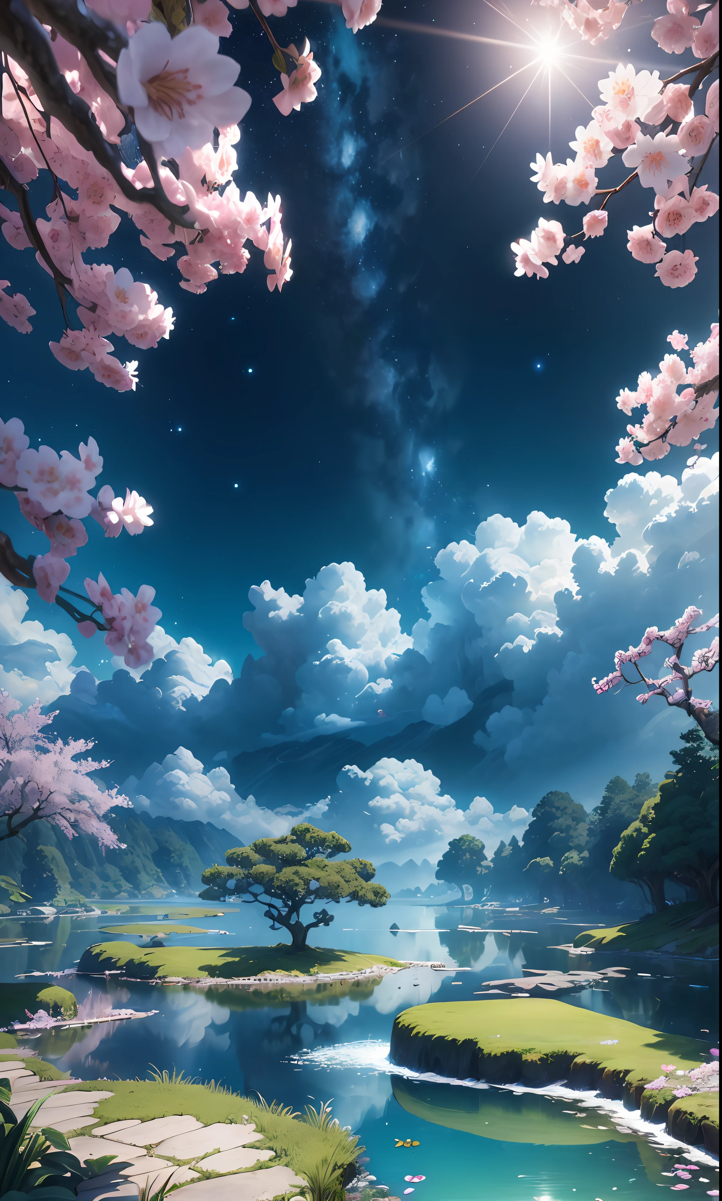 Masterpiece, best quality, (very detailed CG unified 8k wallpaper) (best quality), (best illustration), (best shadow) Vivid colors, jungle, water, natural beauty, oasis of tranquility, cherry blossom trees, blue sky Ray tracing, super detailed , ancient porcelain, jade, starry sky, --v6