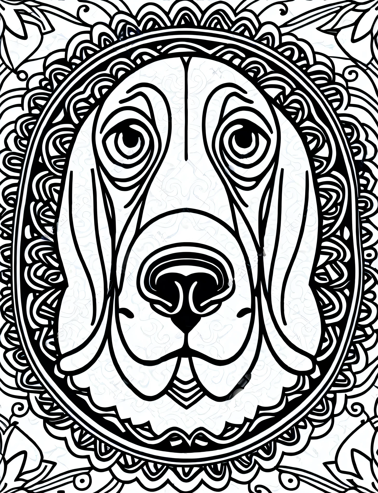 a Basset Hound style dog, fantasy, magical, mandala, happy, black and white, wavy lines, realistic line art drawing, coloring book page, no noise, sharp thick lines, contour art, centered image, isolated on a white background