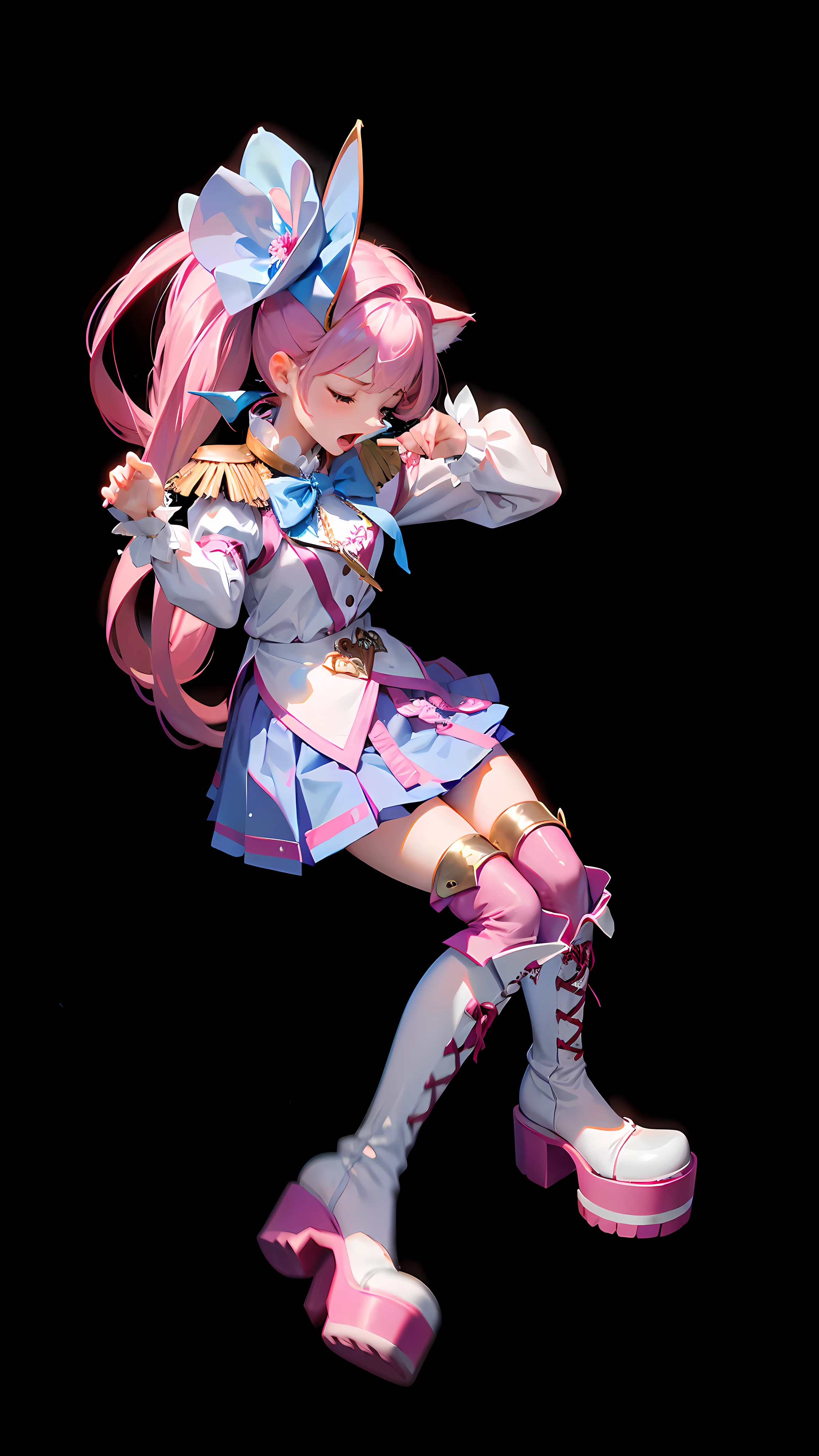 (lora:QuickHand:1.2), (Masterpiece:1.5), (Best quality:1.5), 8k,(Perfect Hand: 1.5),1 girl,Perfect hand, Closed eyes, open mouth, pink hair, single ponytail, white top, pink pleated skirt, pink over-the-knee socks, white boots, (no background: 1.5), skinny legs, (cat's claw gesture: 1.5),