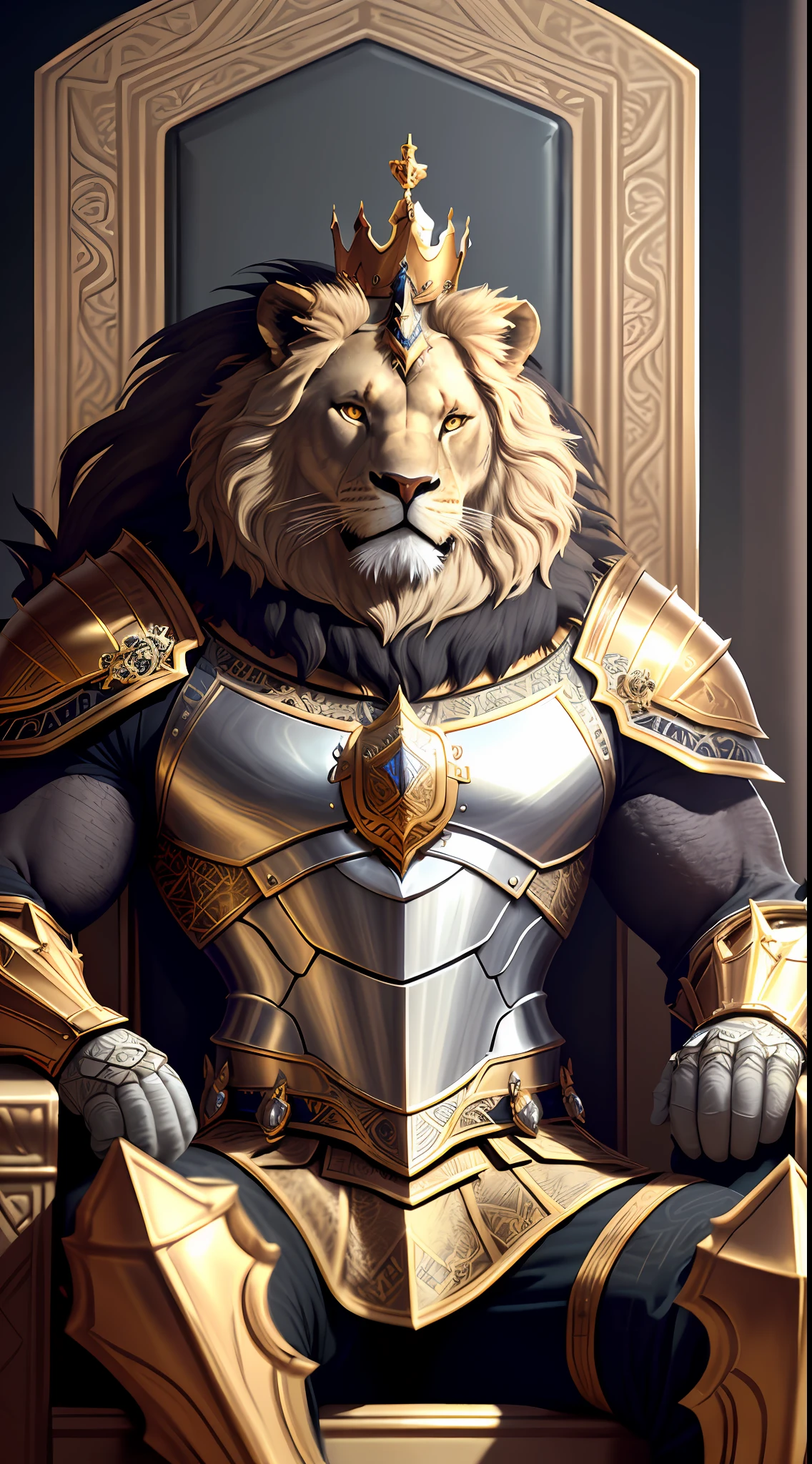 Majestic anthropomorphic lion knight with muscular body full body image sitting on a high and sublime throne, portrait, finely detailed armor and crown, cinematic lighting, intricate filigree metal design, 4k, 8k, unreal engine, octane rendering, --air 9:16 --testp --upbeta