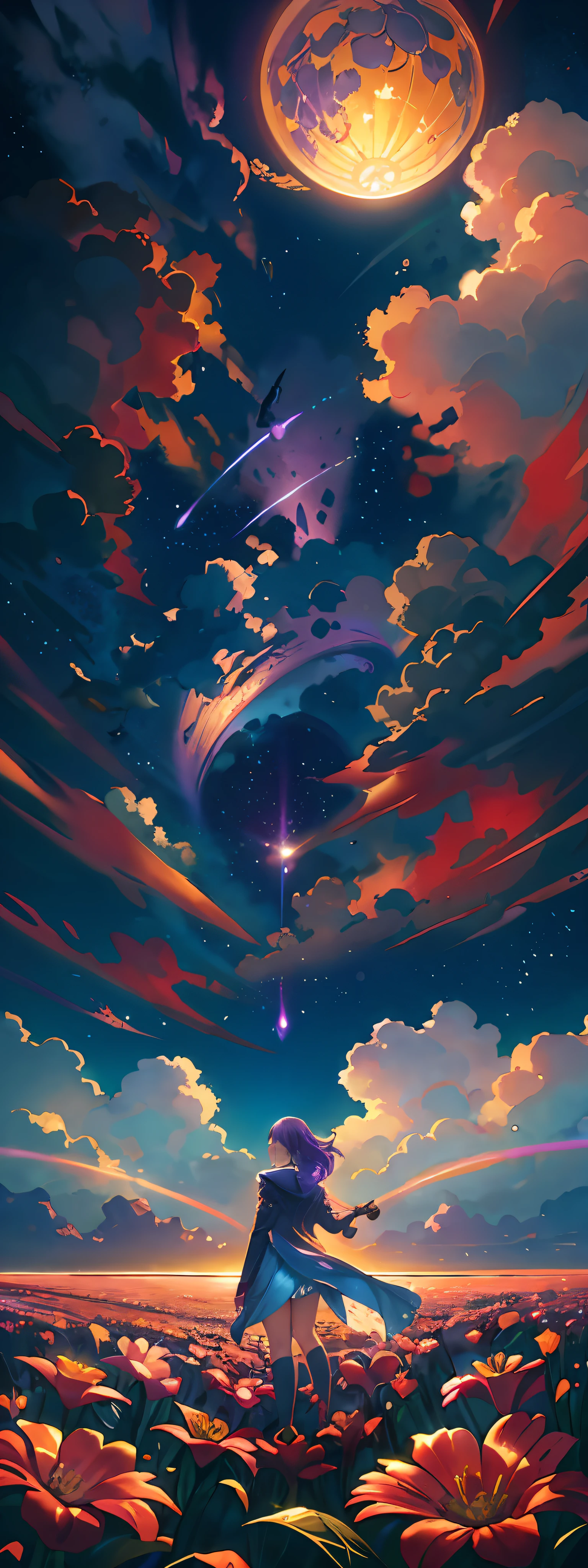 expansive landscape photograph , (a view from below that shows sky above and open field below), a girl standing on flower field looking up, bright sunny day (clouds:1.2), distant mountain, tree BREAK
production art, lot of purple and orange, intricate details, volumetric lighting, realism BREAK
(masterpiece:1.2), detailed shadows, (best quality), 4k, ultra-detailed, (dynamic composition:1.4), highly detailed, colorful details,( iridescent colors:1.2), (glowing lighting, atmospheric lighting), dreamy, magical, (solo:1.2)