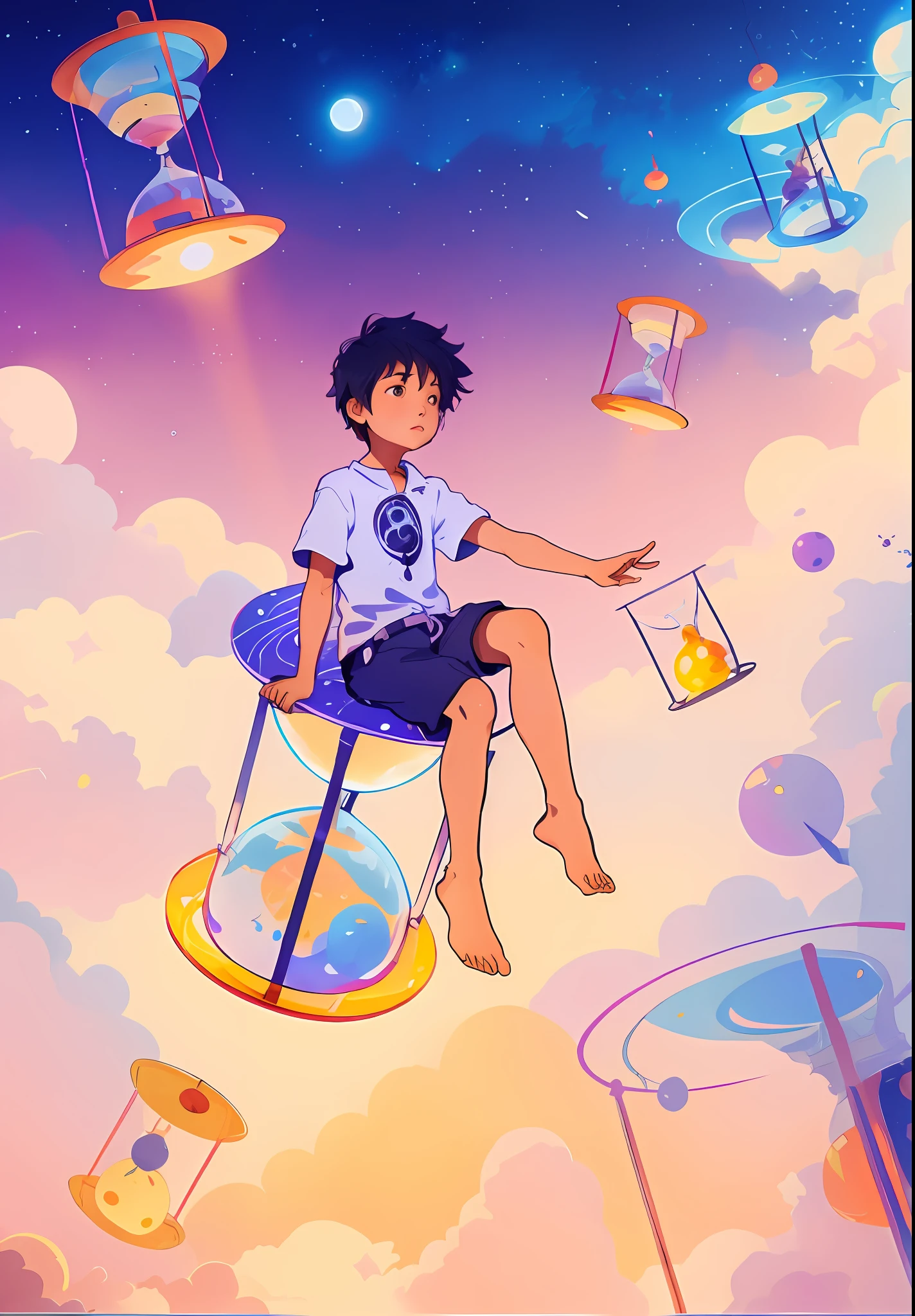 Boy, sitting on an hourglass, there are a lot of hourglasses floating in the air,