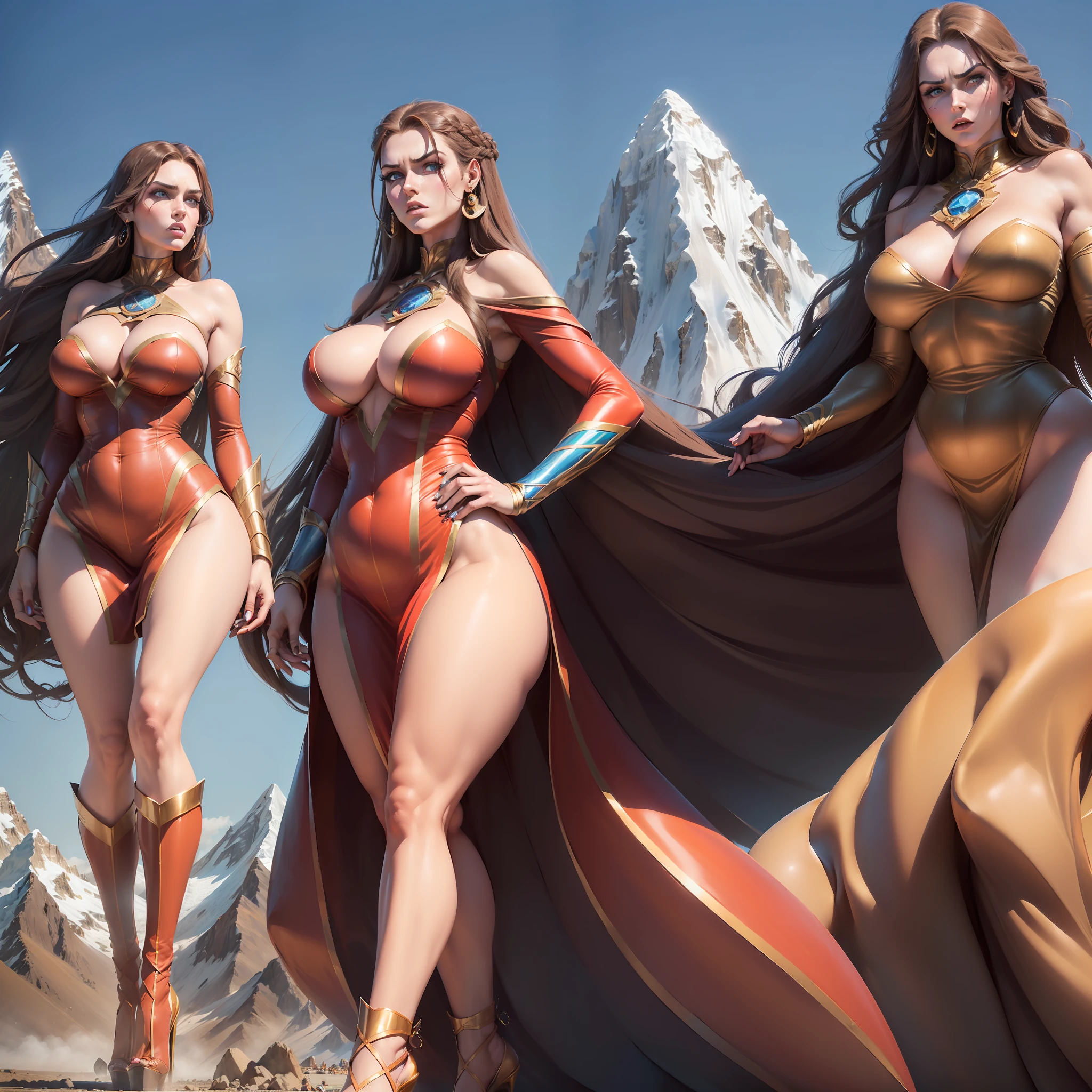 ((( full body), (perfect body), (100000 meters tall Giant woman),Giganta, Giant woman,( Beautiful face), wearing high heels,( long hair), brown hair,(Seductive look), blue eyes, perfect breasts, wearing earrings,( detailed expressions), expression of superiority (city 50 meters high), background with Mount Everest