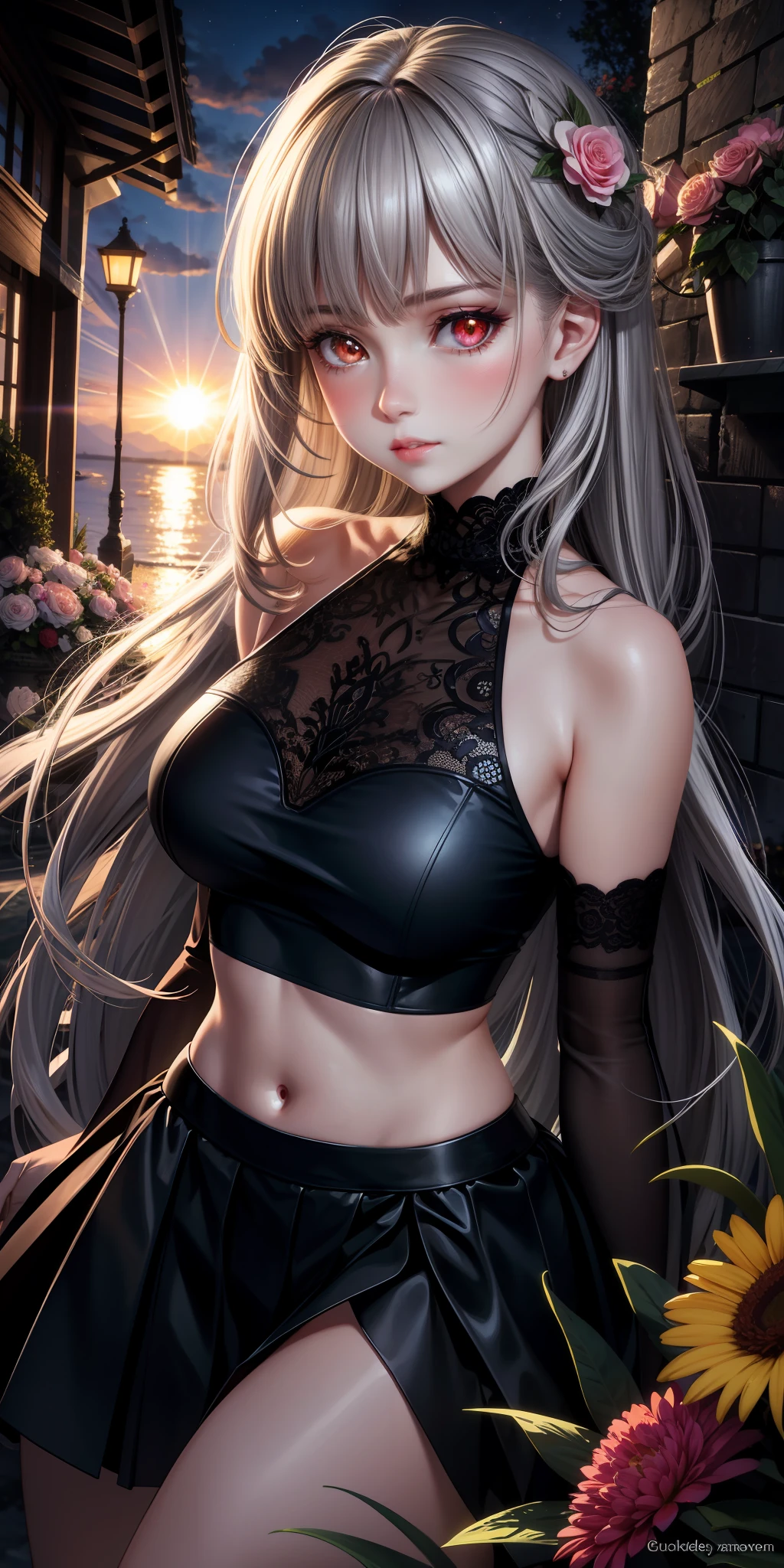 Realistic, 1girl, glowing eyes, cut top, skirt, parted lips, blush, night, flowers, sun, sunlight,