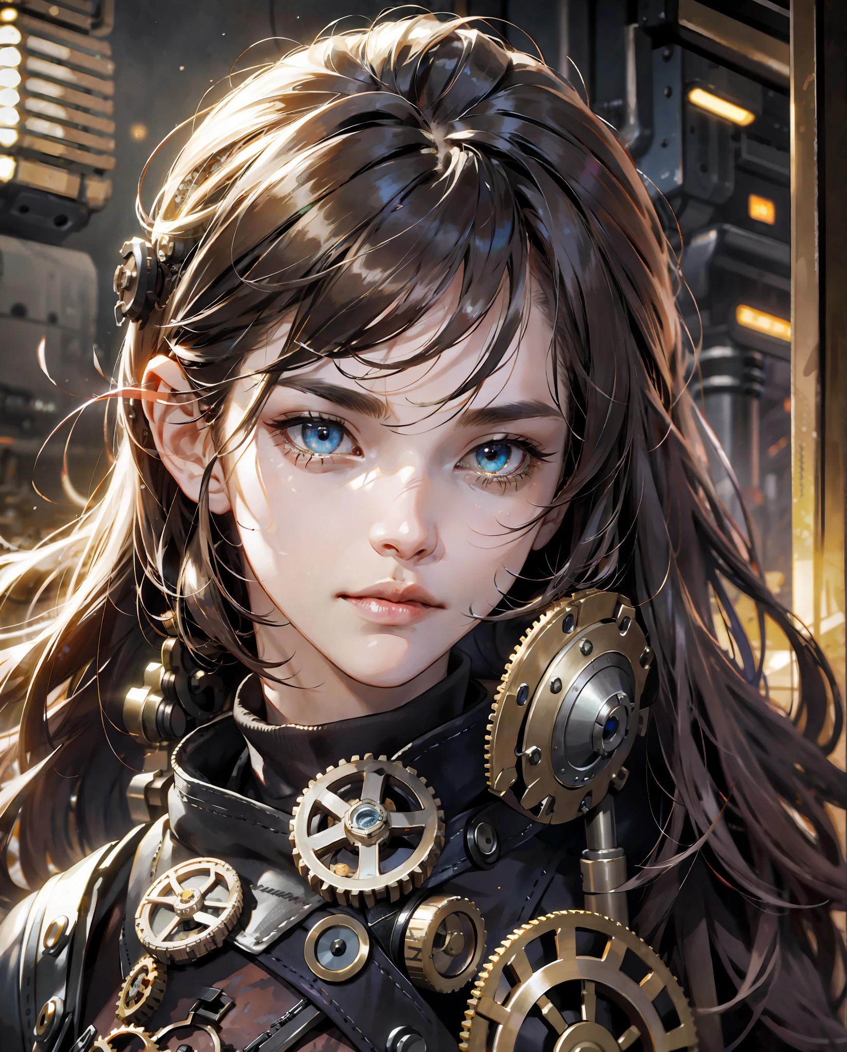 (absurdres, highres, ultra detailed), 1woman, mature female, aged up, wavy long hair, split-color hair, heterochromia, bangs, long sleeves, finely detailed eyes and detailed face, extremely detailed CG unity 8k wallpaper, intricate details, (style-rustmagic:0.8), (medieval cyborg:0.8), portrait, (bloody wounds:0.7), looking at viewer, solo, half shot, detailed background, (steampunk theme:1.1) determined expression, dark couds technomancer, floating lights, color leather vest with gears, techwear, jetpack, workshop in background, machines, gears, steam, industry, technology, furnace, grime, anvil, buttons, levers, automaton, electricity, electric sparks epic atmosphere,, portrait
