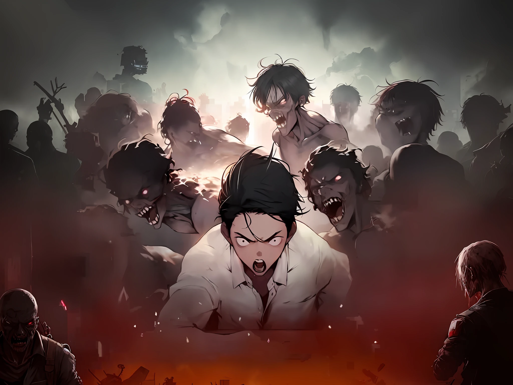 anime image of a man surrounded by zombies in a dark room, kawacy, horde of zombies, background of resident evil game, zombies attack, attack on titan covert art, desolate with zombies, by Okada Beisanjin, by Ni Yuanlu, dark!, official art, zombie horde, attack zombie during worldwar 2, zombies apocalipsis