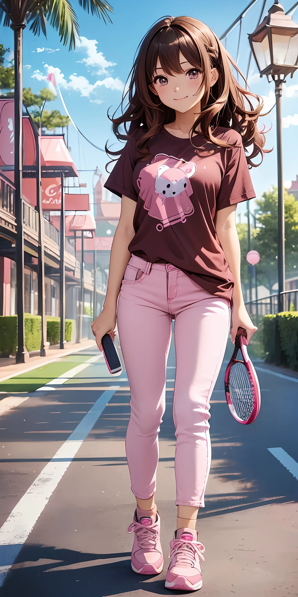 perfect anime illustration, 1girl, brown hair, curly hair, matching hairstyle, hazel eyes, smiling, ((dark pink shirt, light pink jeans, tennis shoes)), theme park, highres, full body