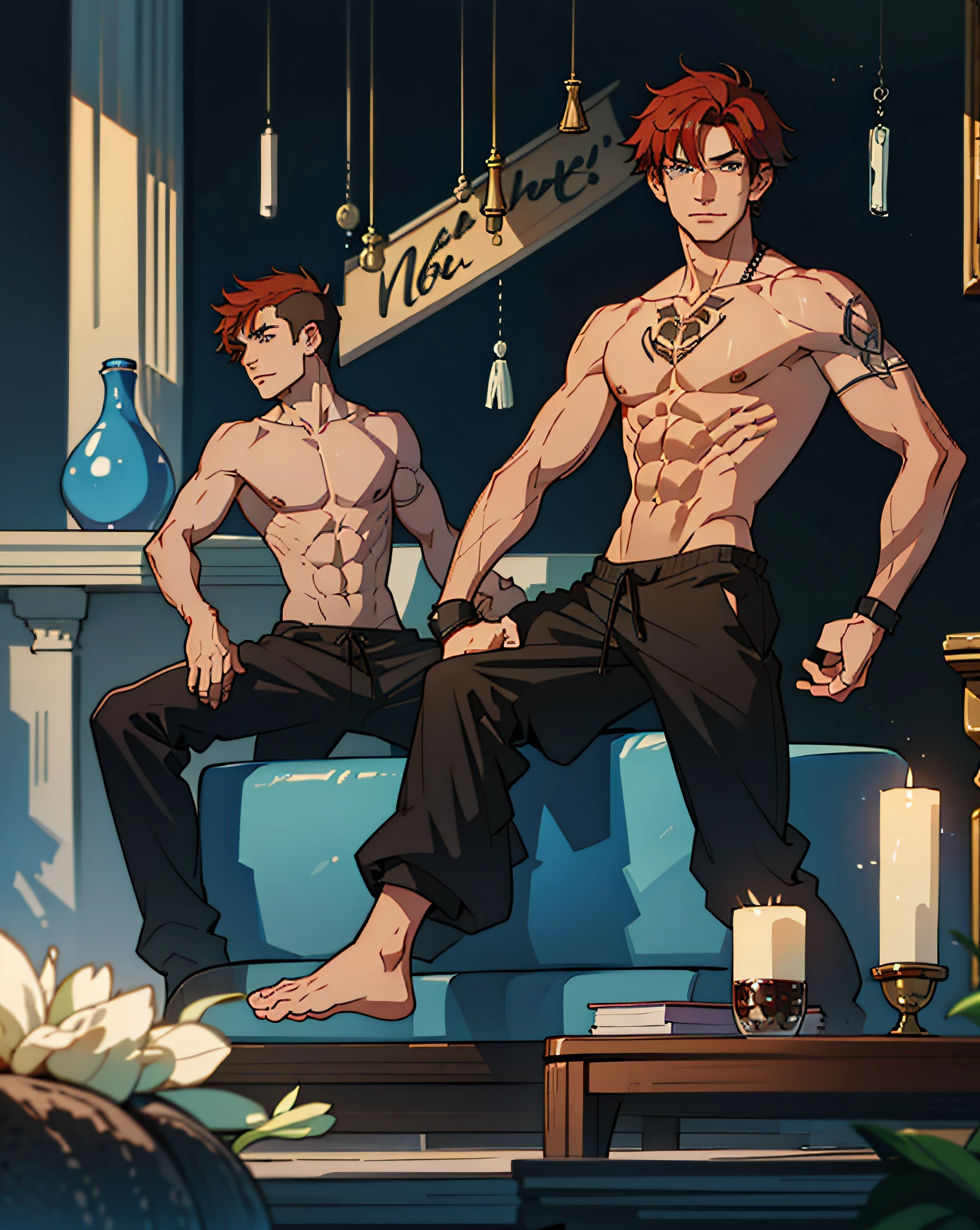 masterpiece, best quality, (((1 male))), adult, tall muscular, handsome, finely detailed eyes, intricate details, short hair, red hair, brown eyes, shirtless, ((black sweatpants)), background is living room, sitting down, sitting on couch, bulge, (seductive), tattoo sleeves on arms, tattoos, smirking, abs, detailed eyes and detailed face, (arms covered in tattoos), piercings, messy hair, muscular, big pectorals, punk, best light and shadow