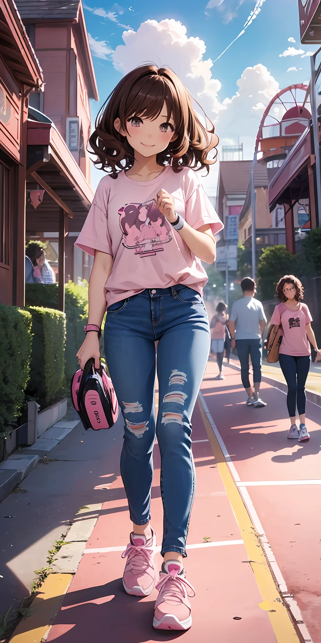 perfect anime illustration, 1girl, brown hair, curly hair, matching hairstyle, hazel eyes, smiling, ((dark pink shirt, light pink jeans, tennis shoes)), theme park, highres, full body